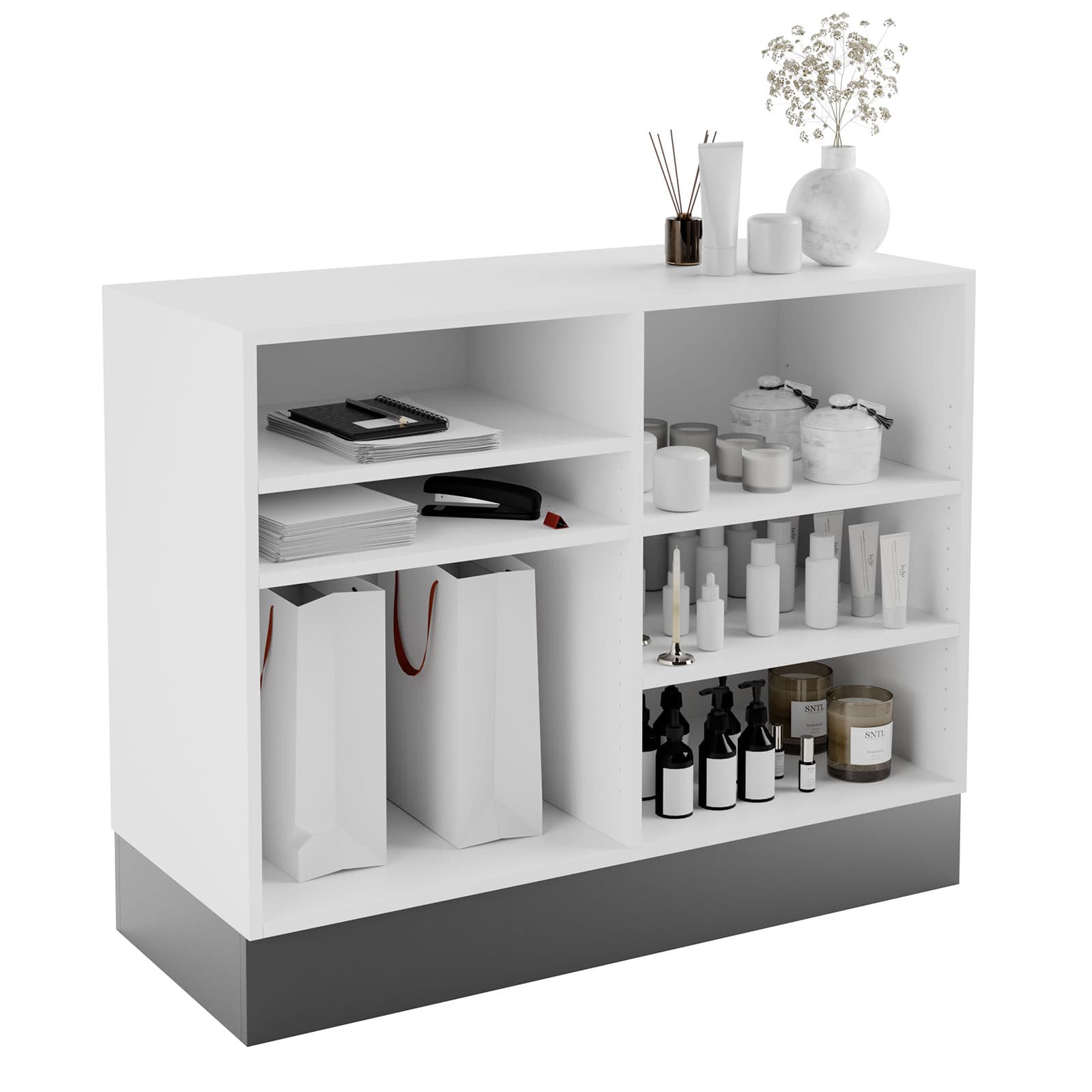 Flat top sales counter with open storage stock all the essentials for a POS station