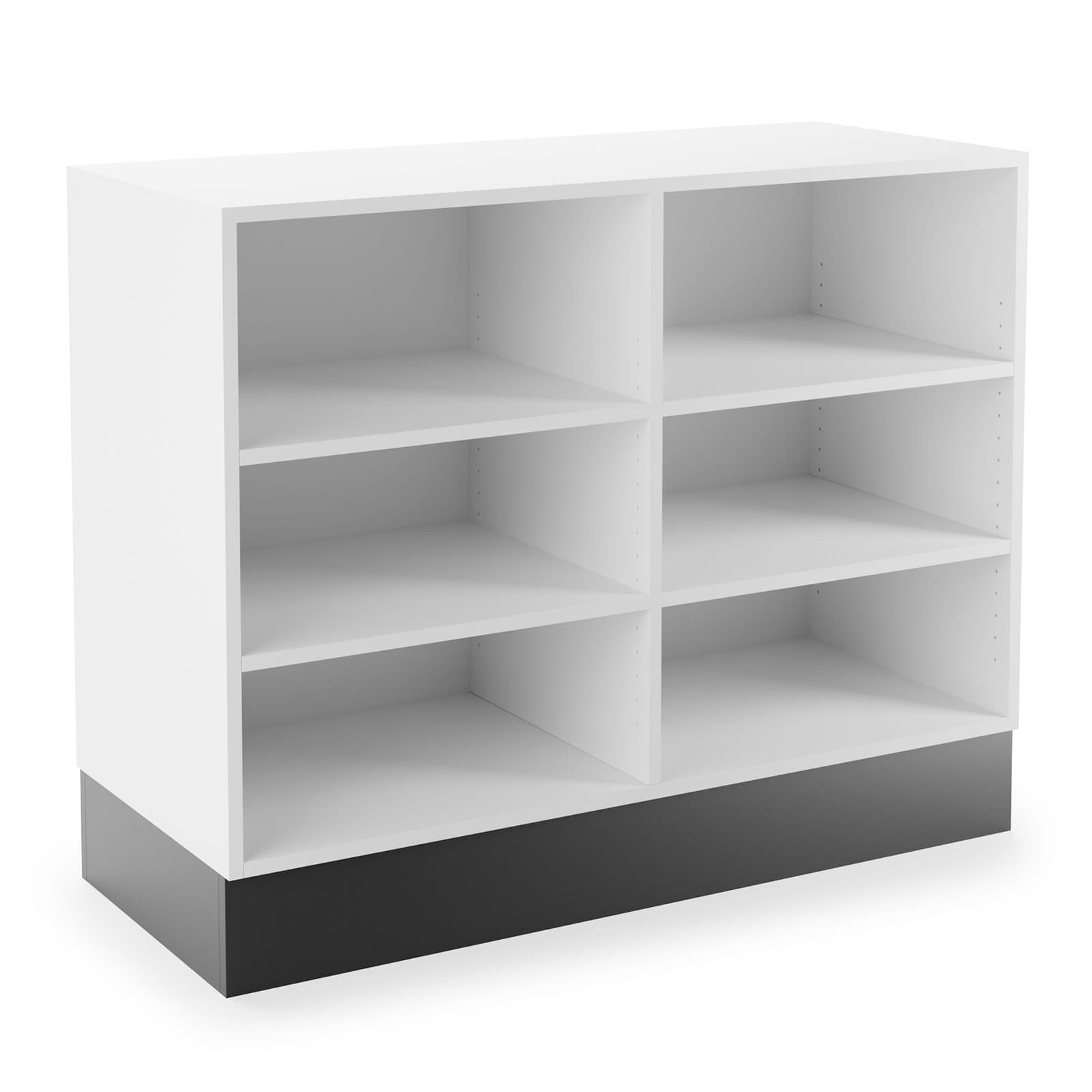 Flat top sales counter with open storage in white finish with black toe kick