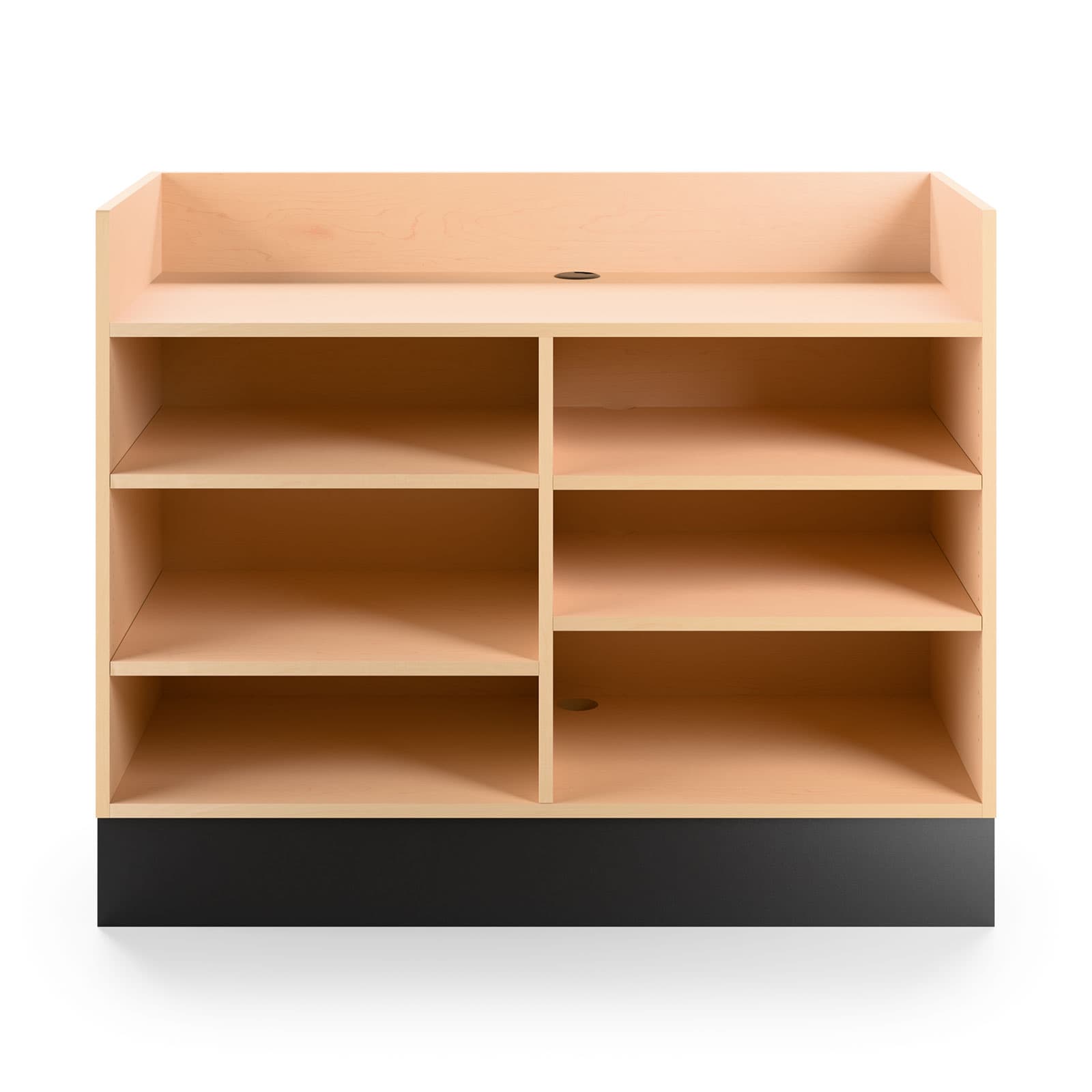 Recessed top sales counter with open storage comes with cord management grommet