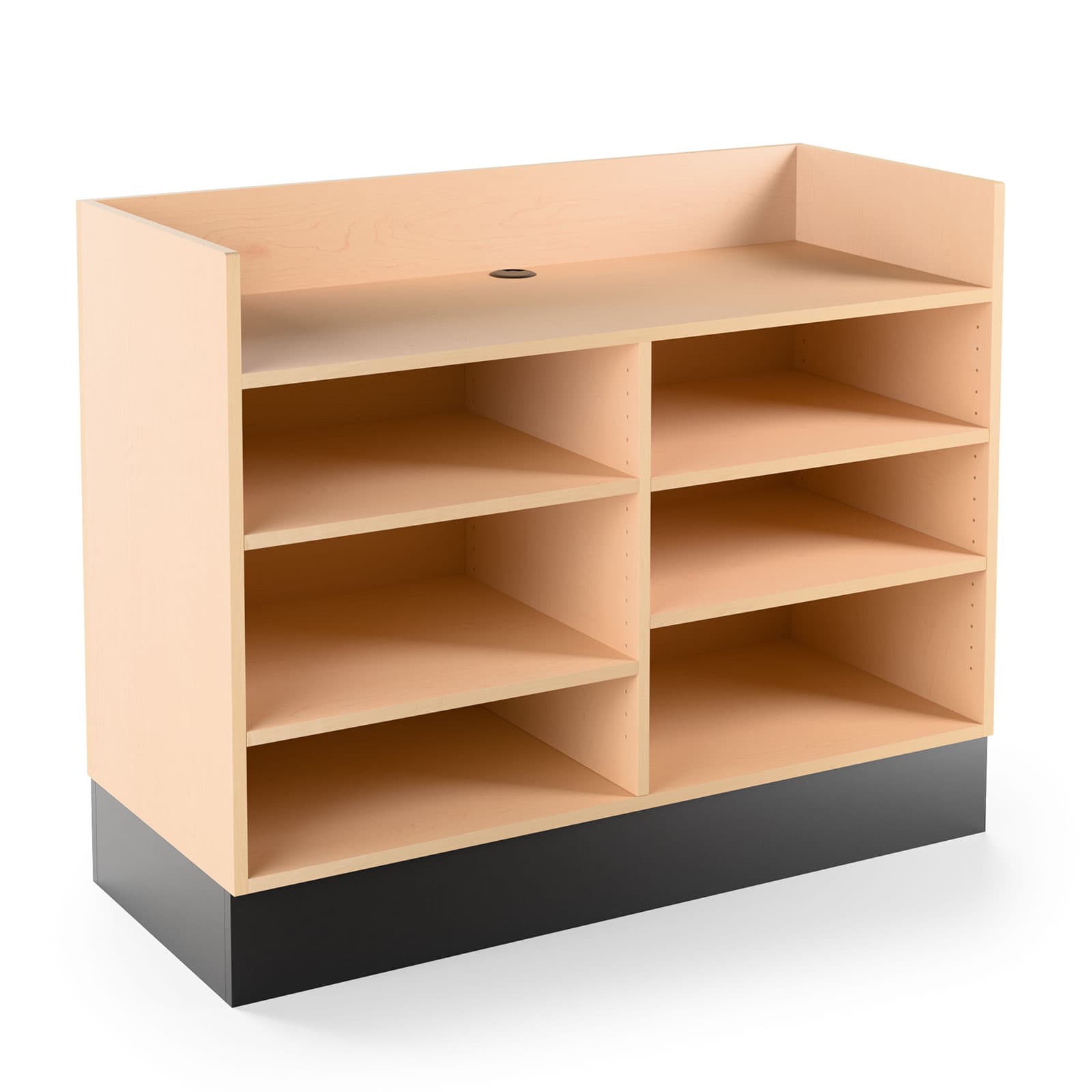 Recessed top sales counter with open storage features adjustable shelving