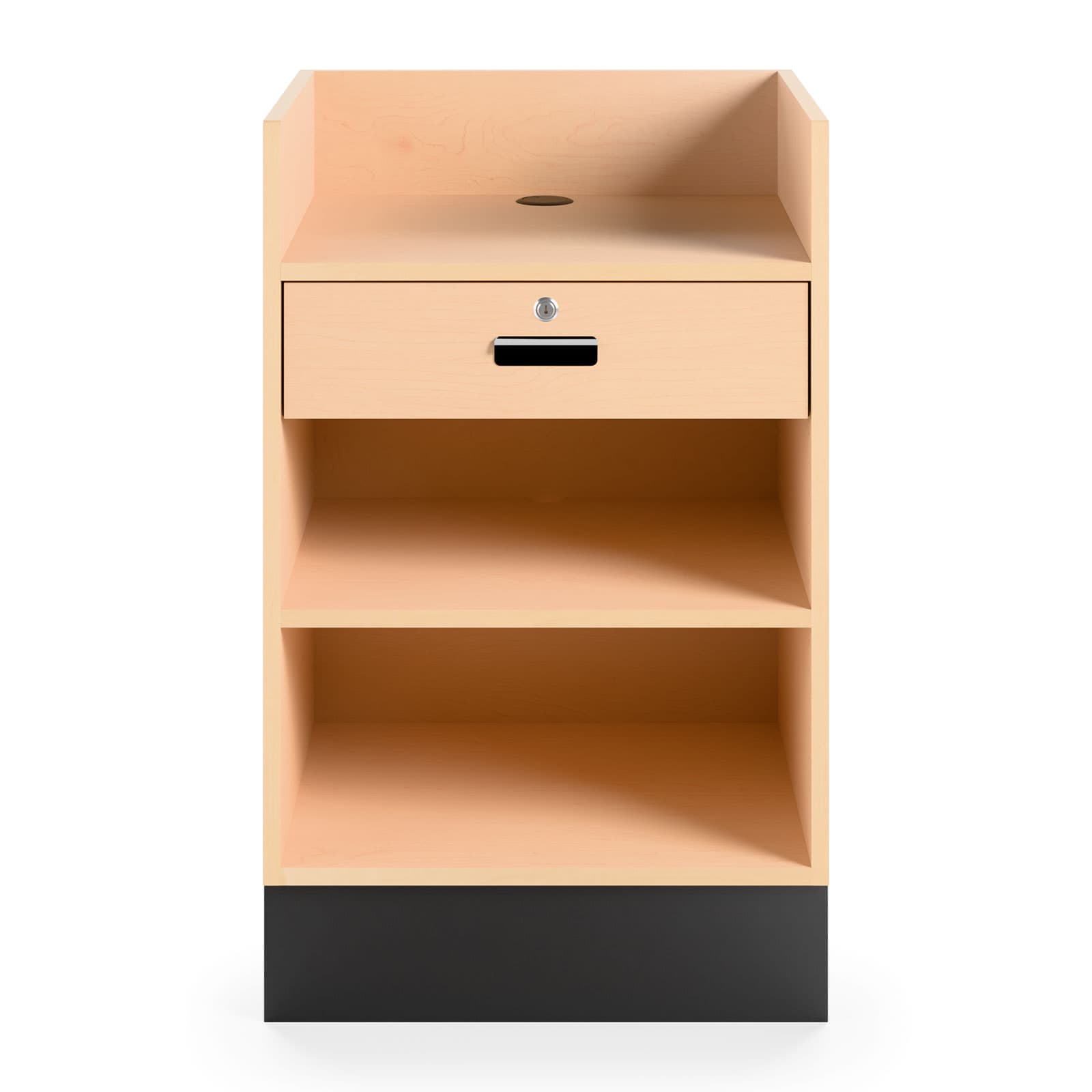 Register stand with recessed top comes with a locking drawer and adjustable shelf