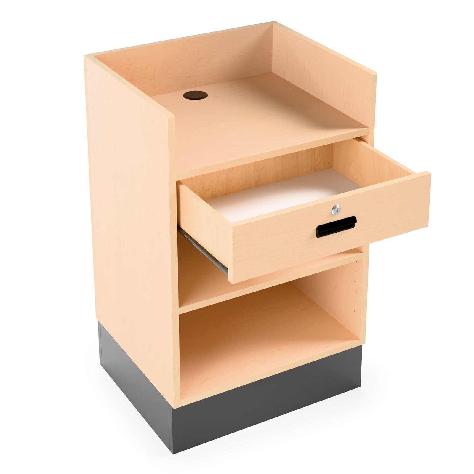 Register stand with recessed top shown with cord management grommet