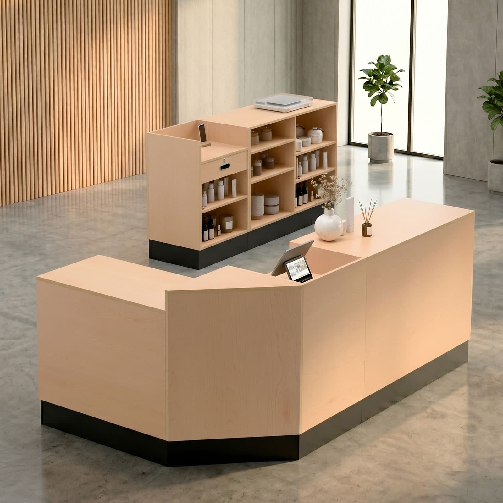 Register stand with recessed top shown as part of a complete cash wrap system