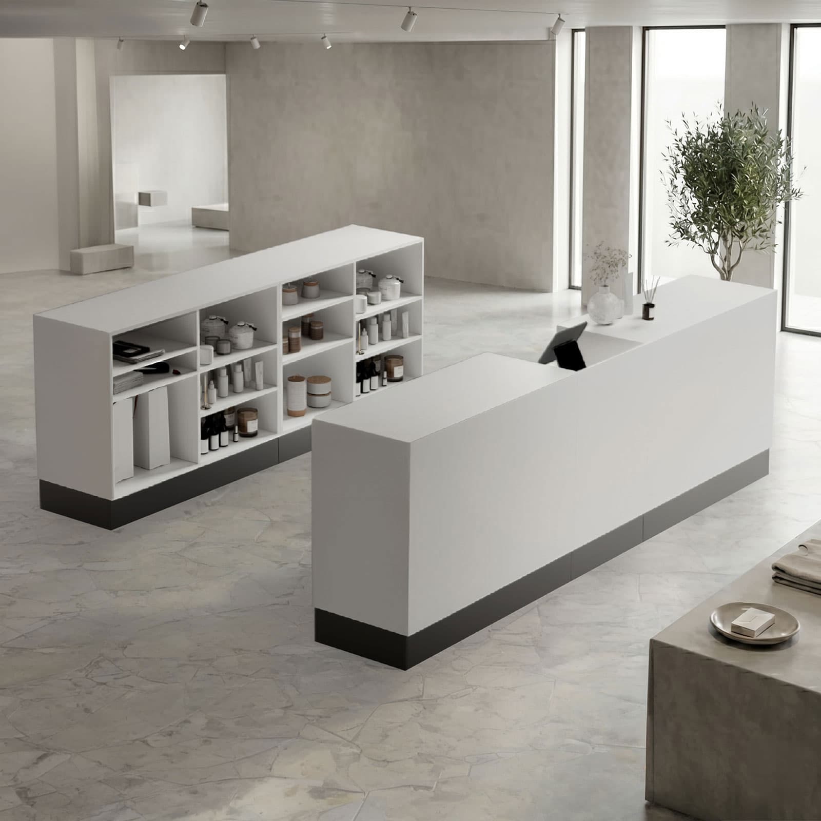Register stand with recessed top shown in a salon-type setting
