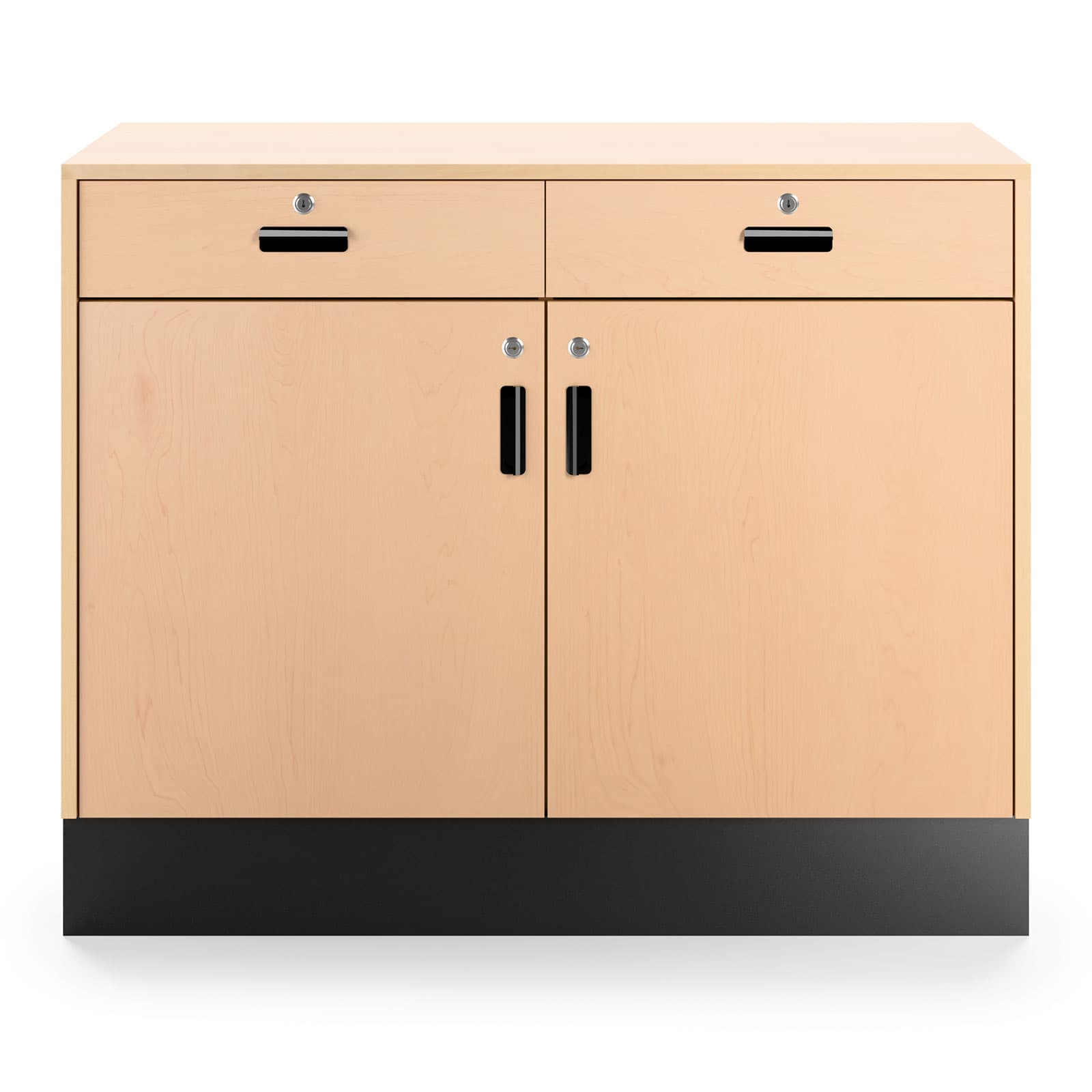 Flat top sales counter with lockable storage secures cash and other valuables behind lock and key