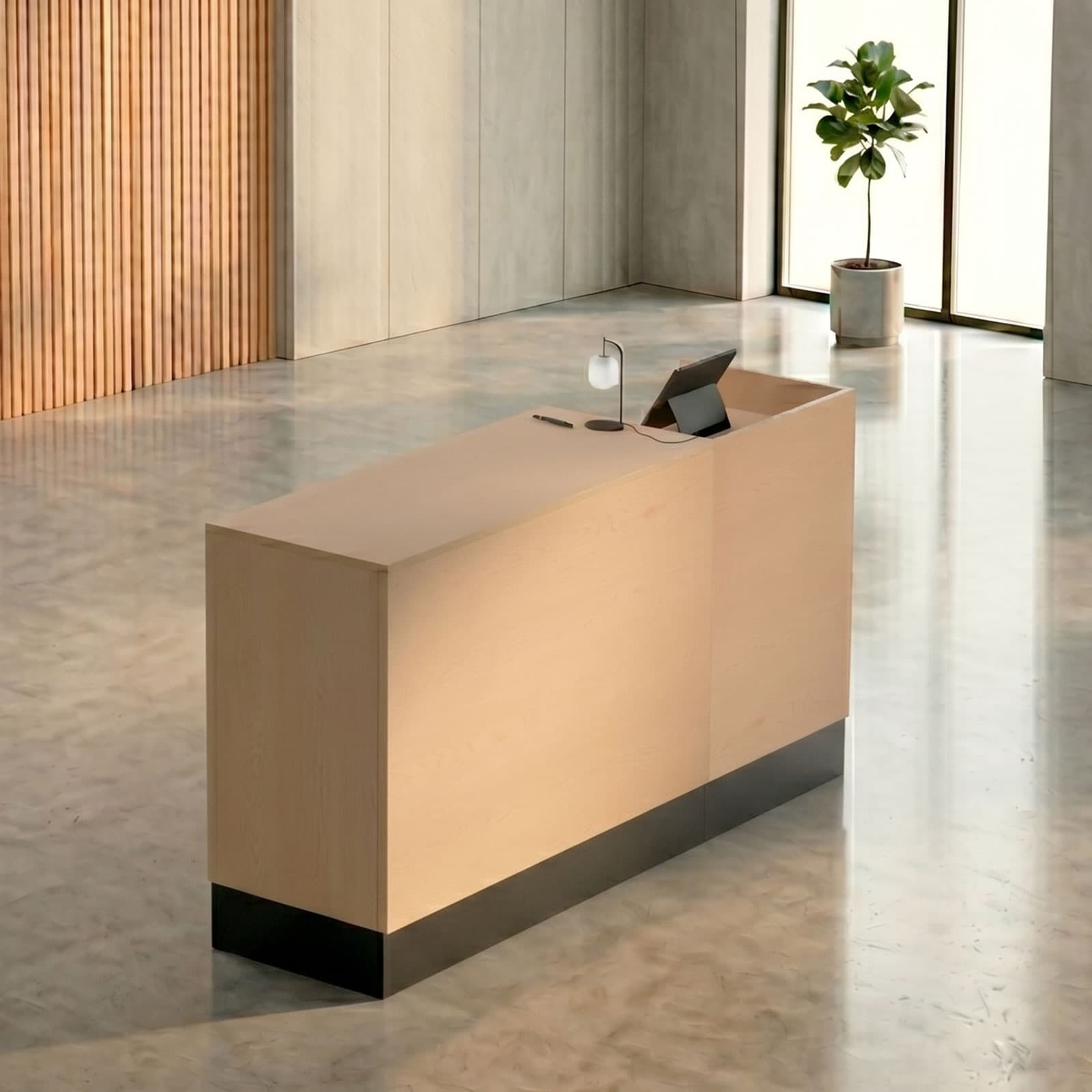 Flat top sales counter with lockable storage shown as part of a receptionist setup