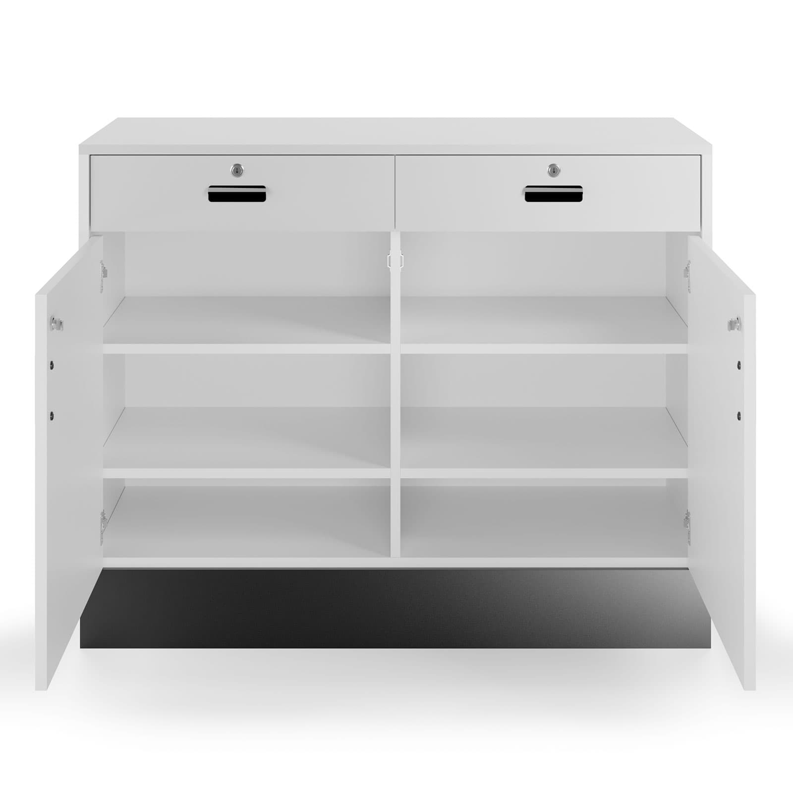 Flat top sales counter with lockable storage has swing-open doors