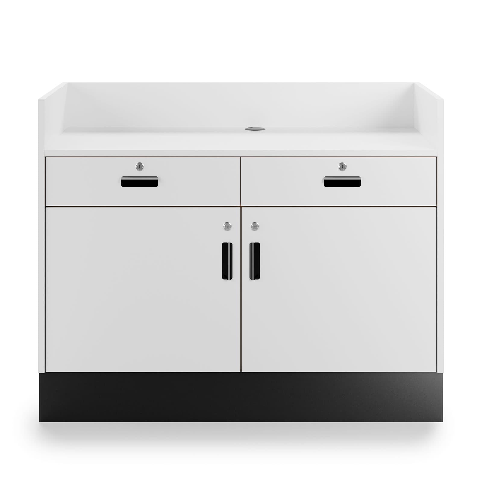 Recessed top sales counter with lockable storage comes with locks on all doors and drawers