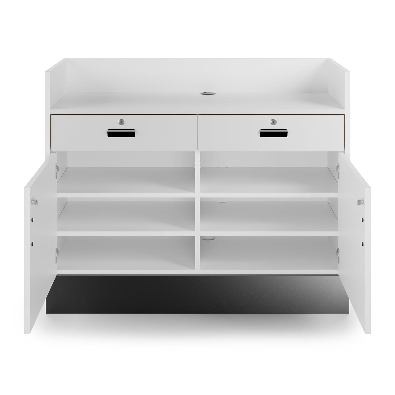 Recessed top sales counter with lockable storage offers lots of room for supplies