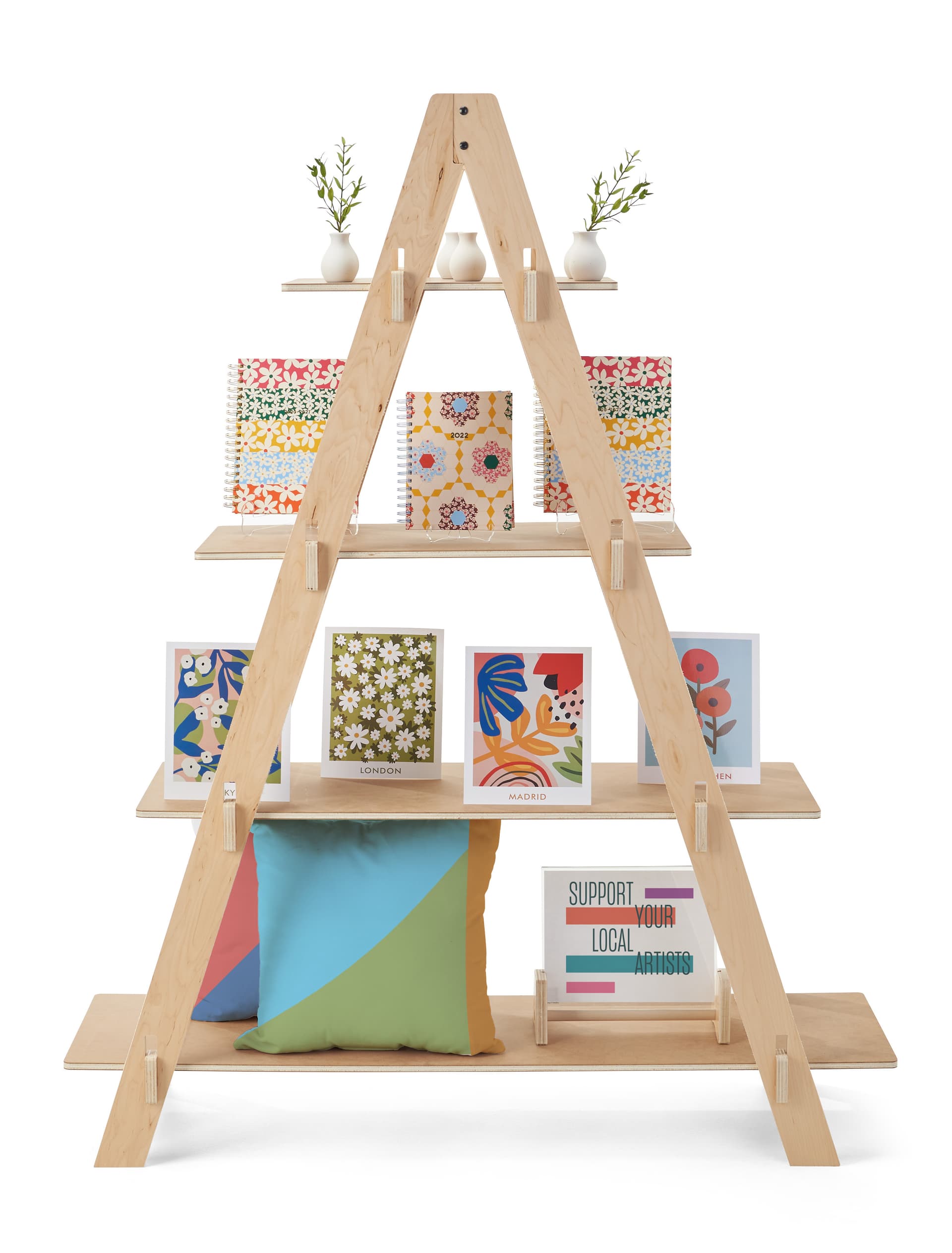 A-frame shelf made with lightweight wood laminate