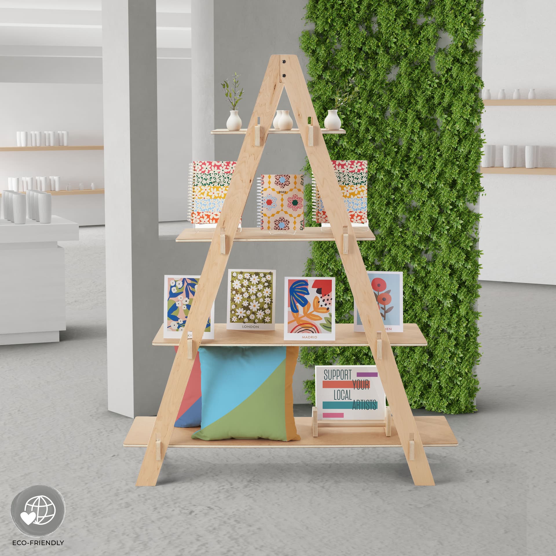 A-frame shelf provides a 15-inch depth for each level