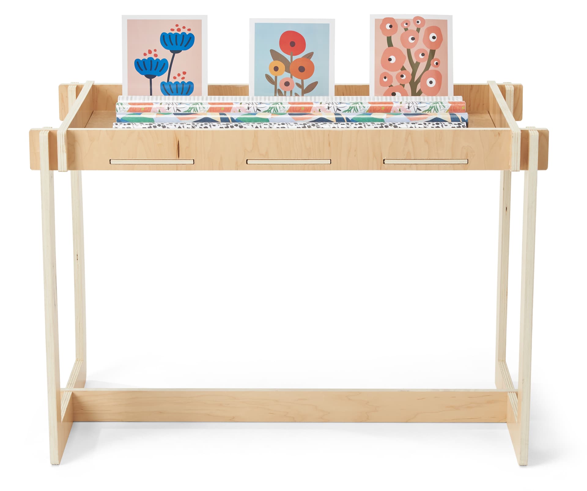 Wooden retail dump table with natural wood finish