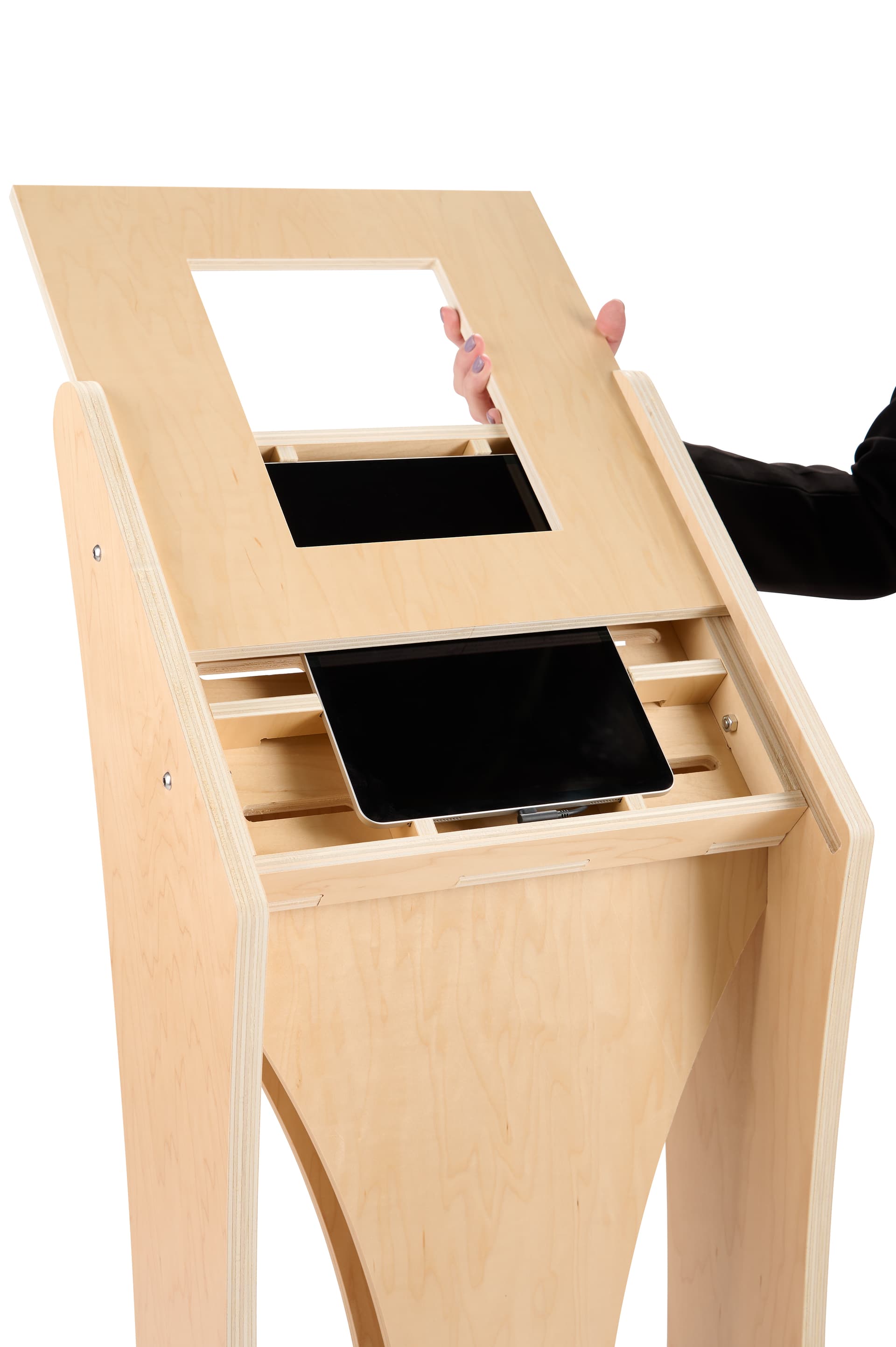 Wooden iPad floor stand in portrait orientation