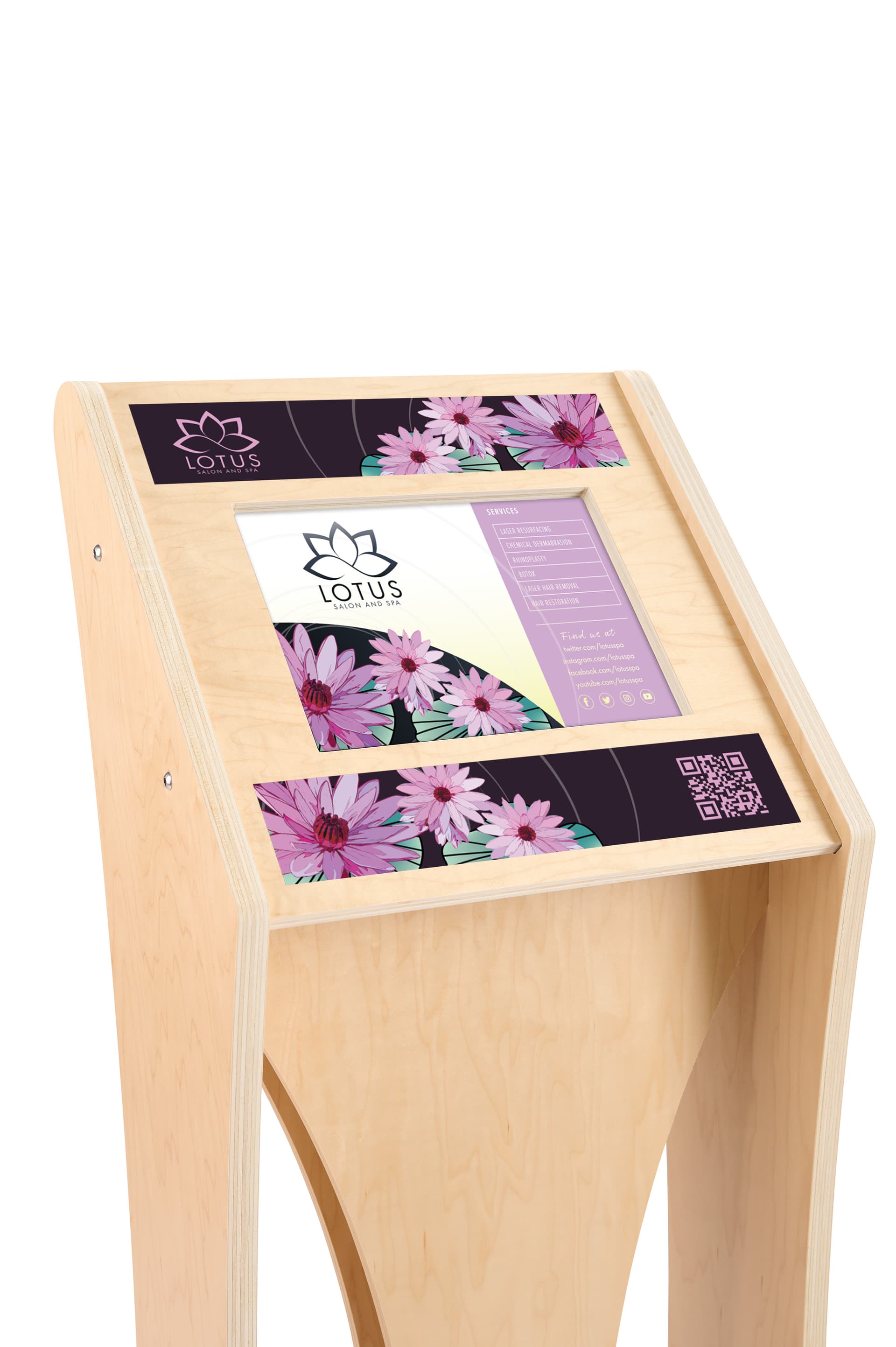 Wooden iPad kiosk with graphics made with poplar wood 