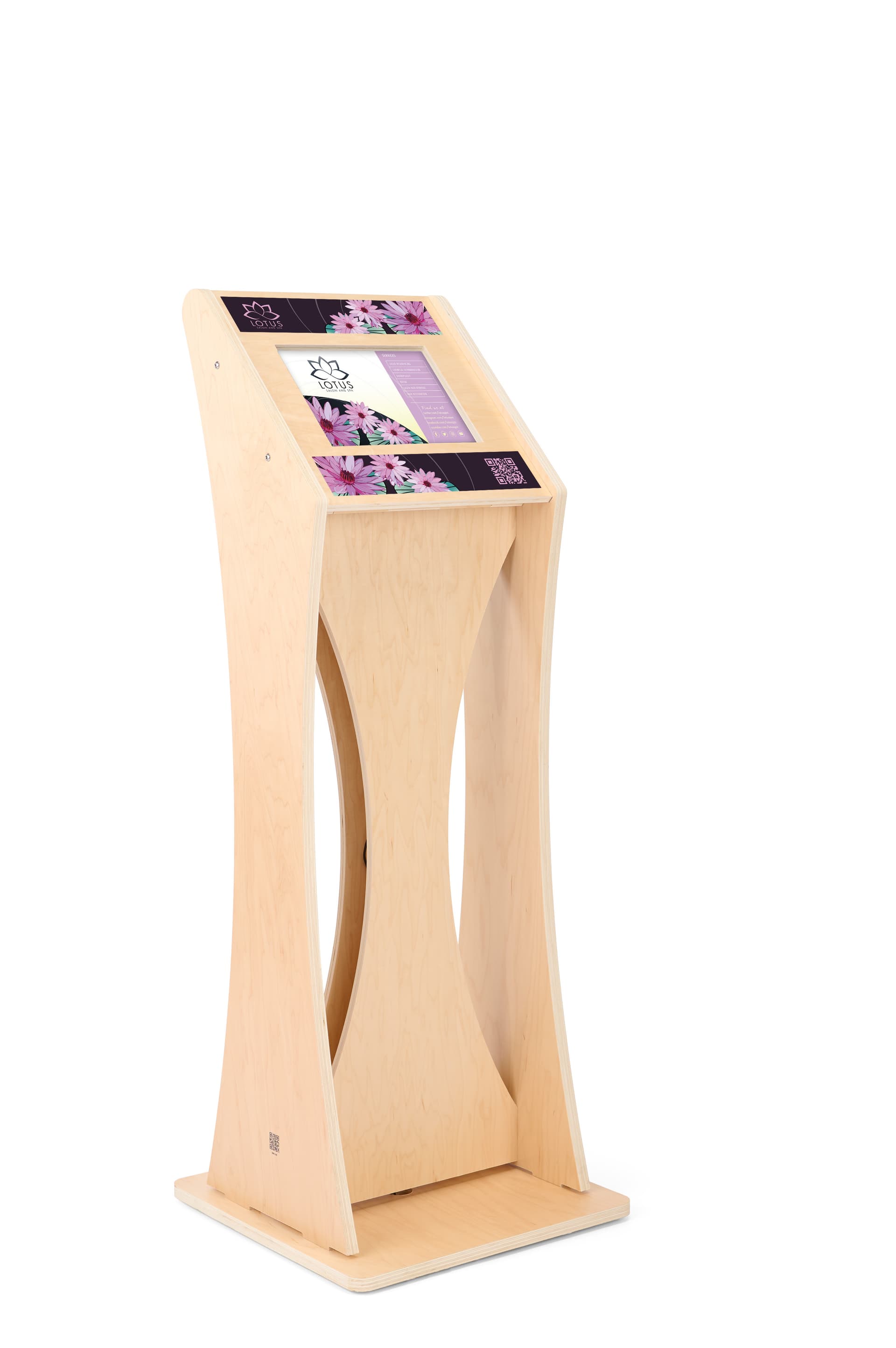 Wooden iPad kiosk with graphics with modern design