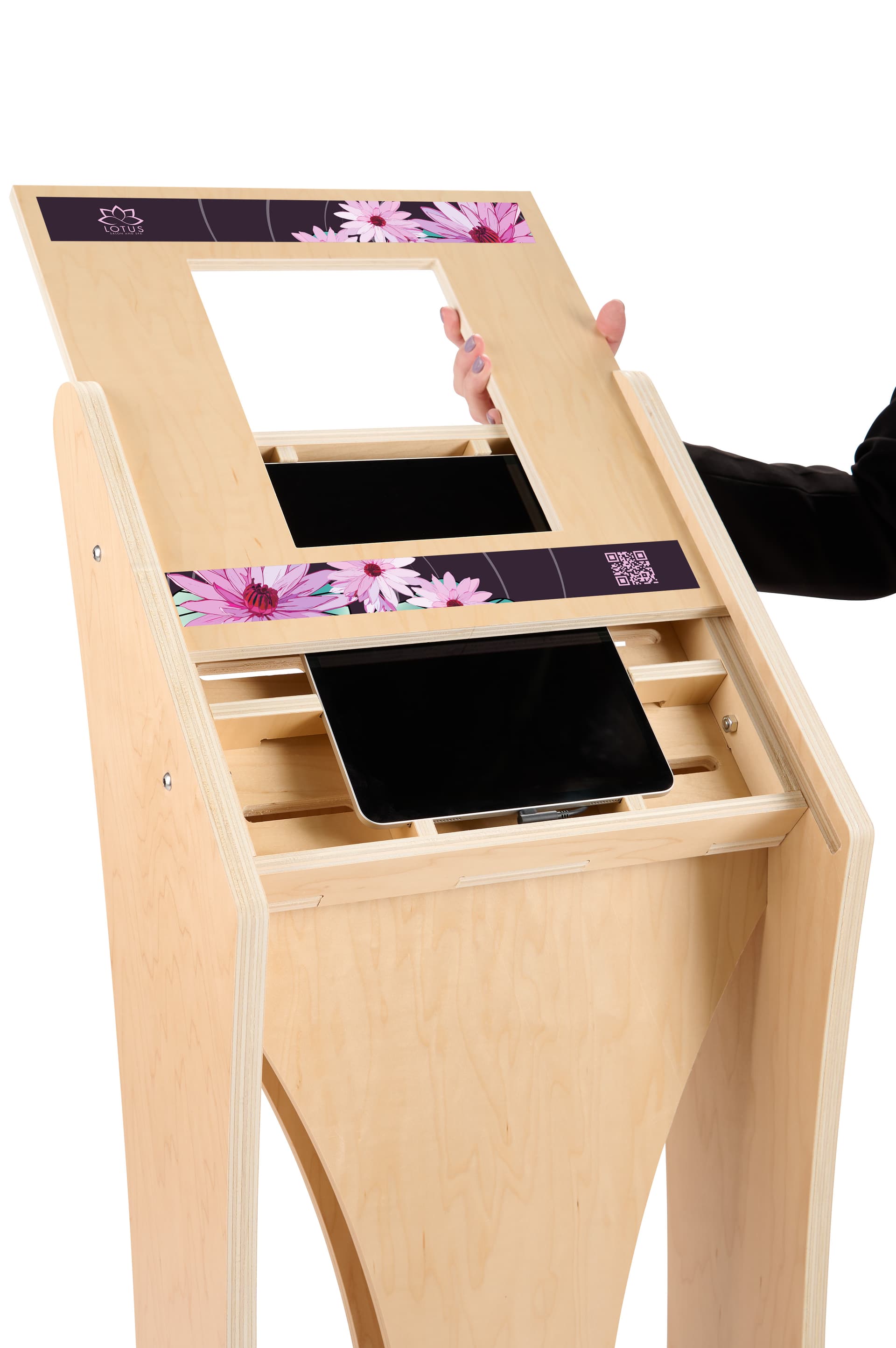 Wooden iPad kiosk with graphics with sliding faceplate in portrait orientation