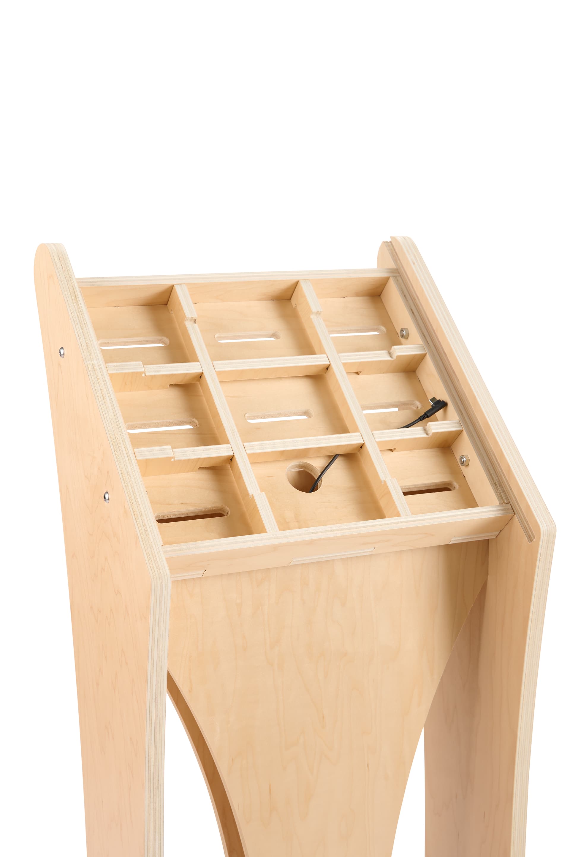 Wooden iPad kiosk with graphics and cord management