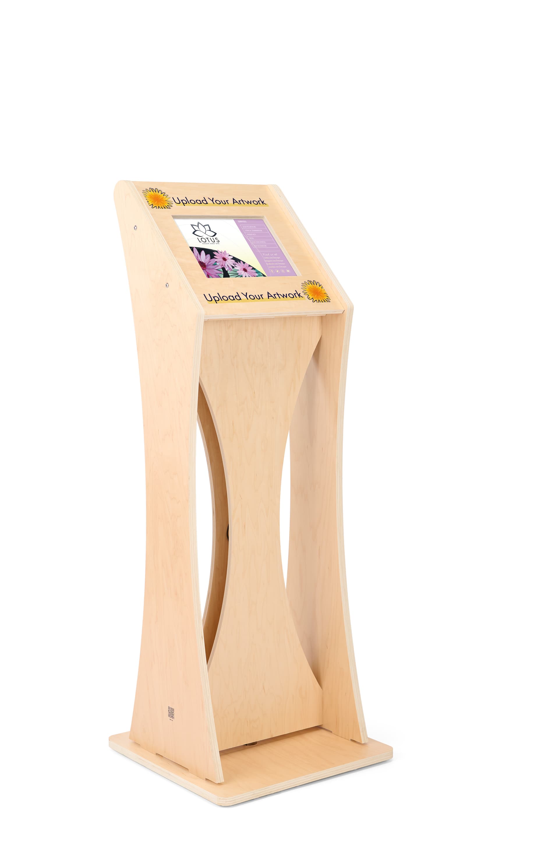 Wooden iPad kiosk with graphics and custom artwork
