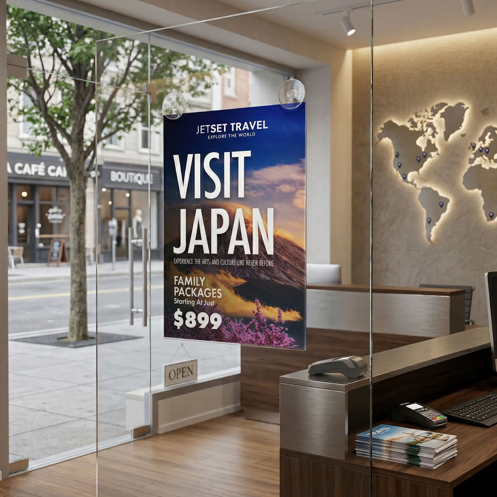 Glass mount sign holder attached to a glass wall of a tourism bureau