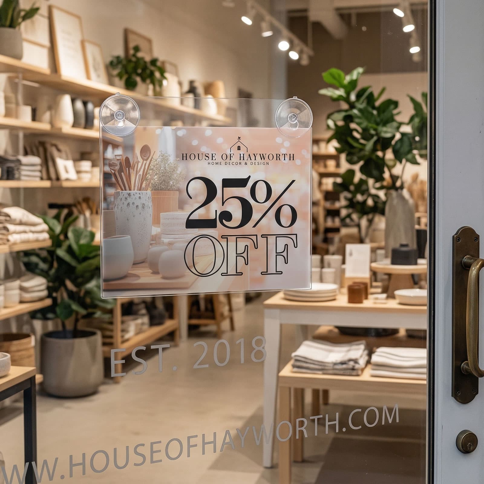Glass mount sign holder attached to the door of a retail shop