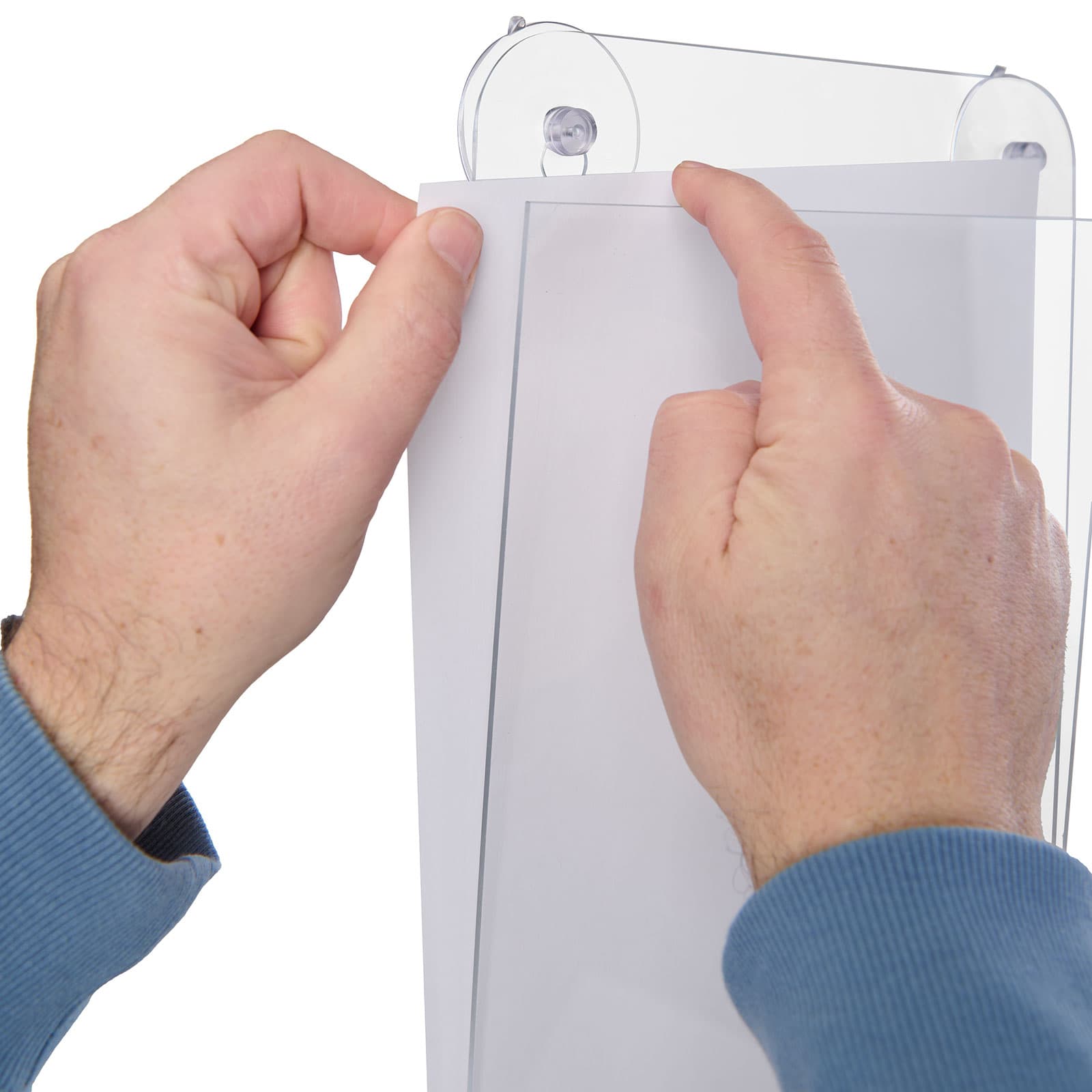 Glass mount sign holder opens at the top for inserting prints