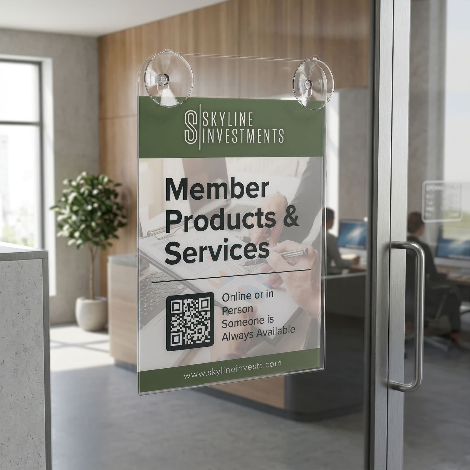 Glass mount sign holder attached to a financial office door