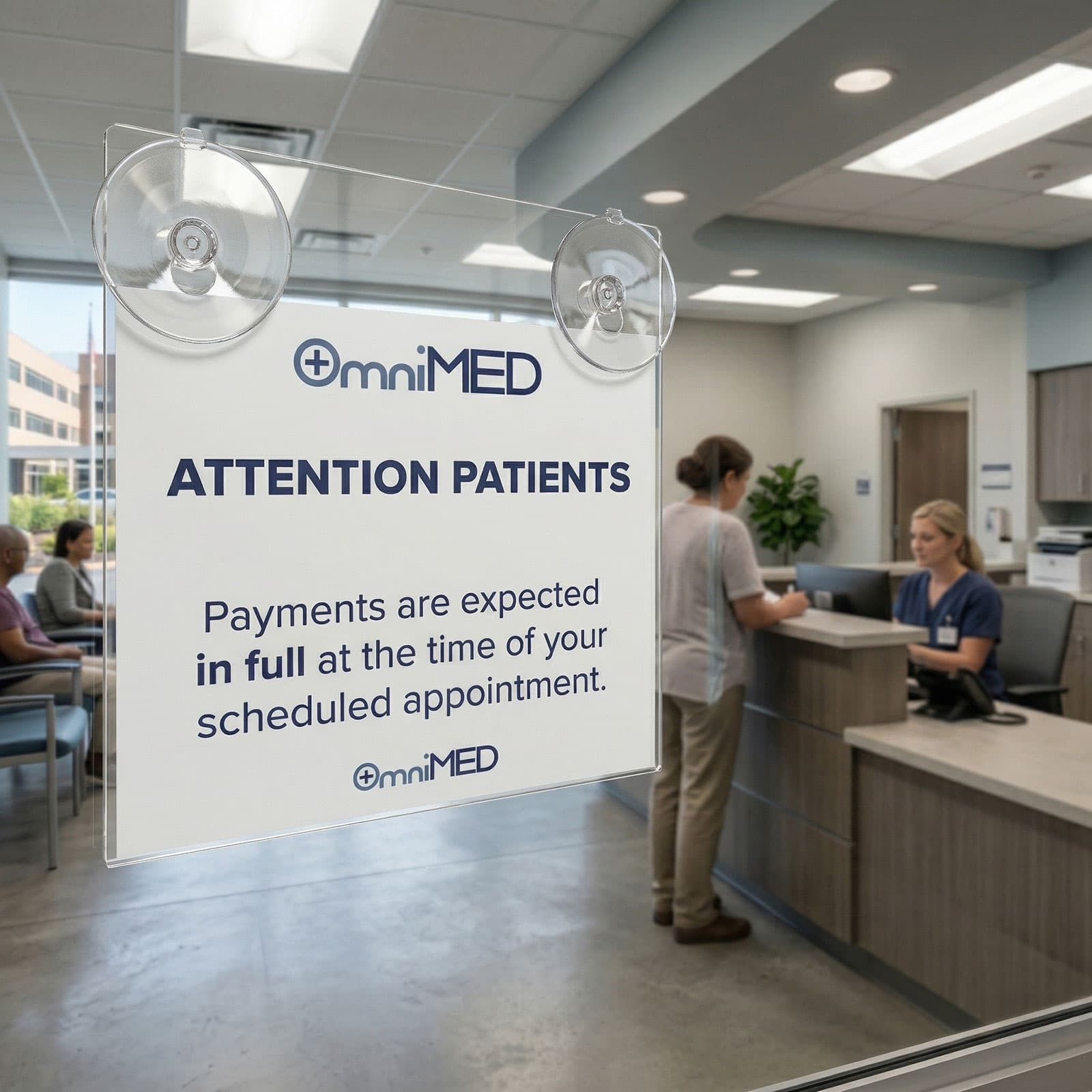 Glass mount sign holder shown at a health provider's lobby