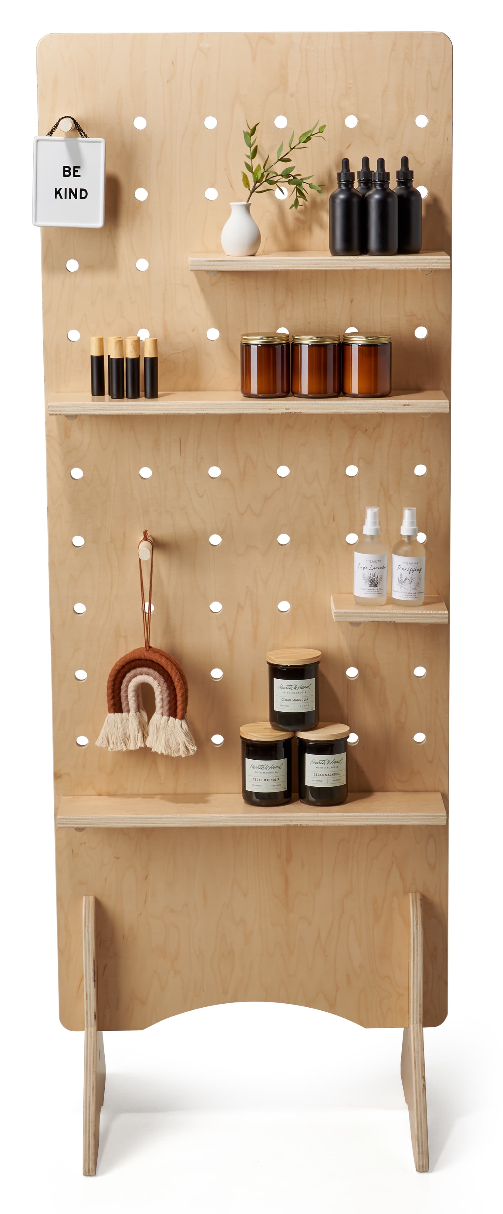 Modern pegboard shelving measures 24 inches wide by 69 inches tall 