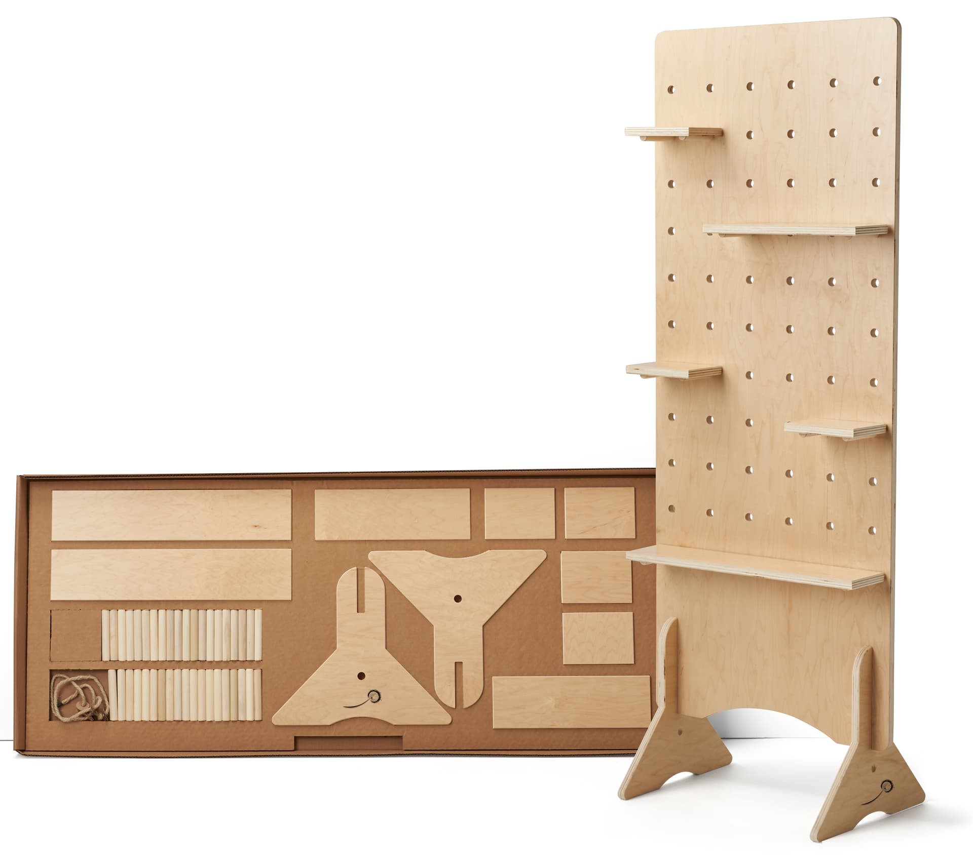 Modern pegboard shelving with recyclable carrying base 