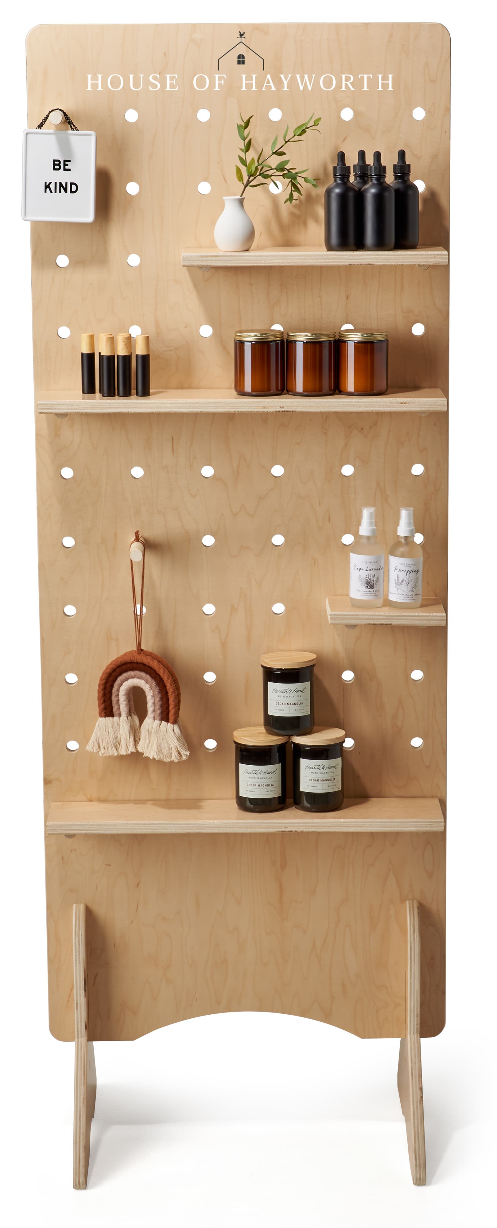 Wooden pegboard floor display with modular design 