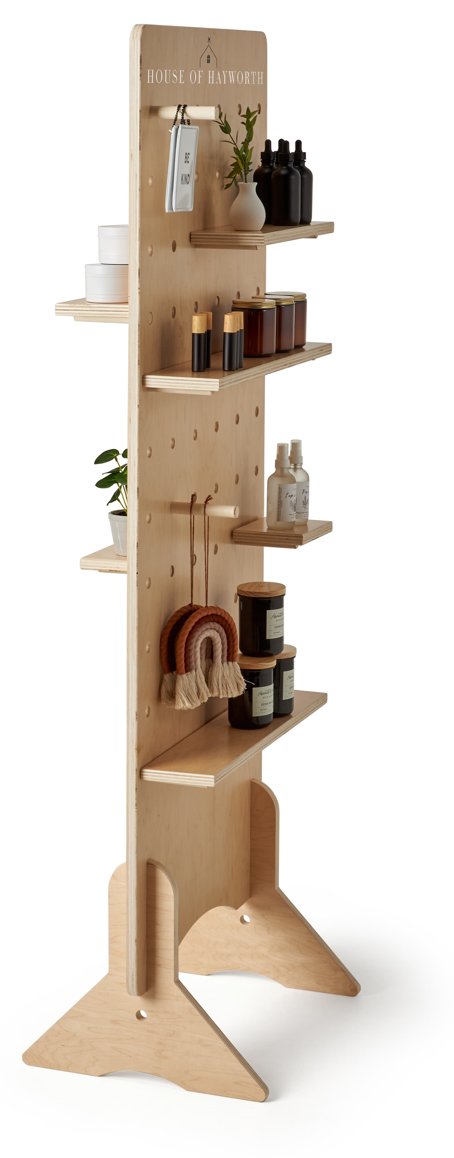 Wooden pegboard floor display with set of 40 pegs and 8 shelves 
