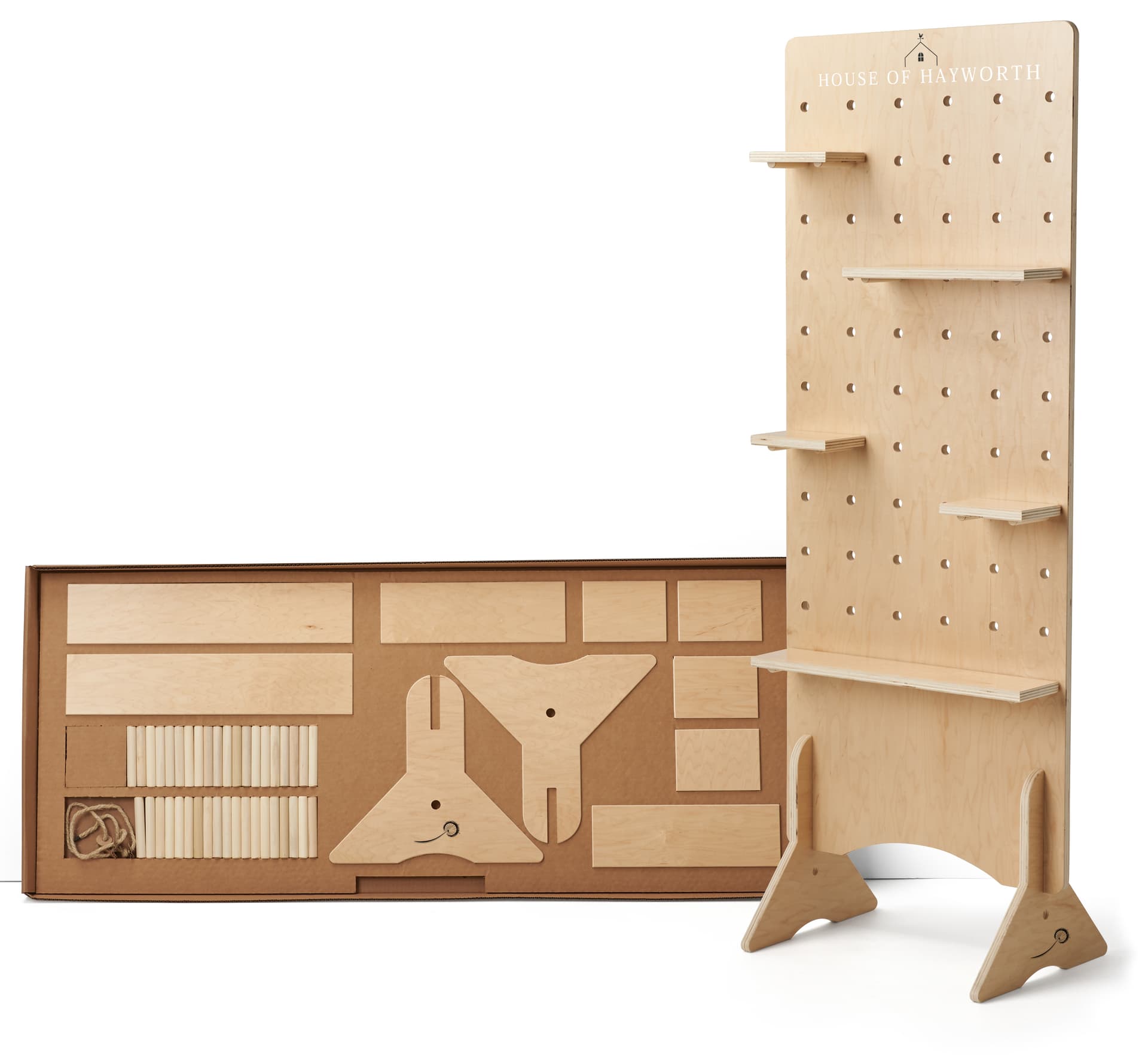 Wooden pegboard floor display with flat pack carrying case 