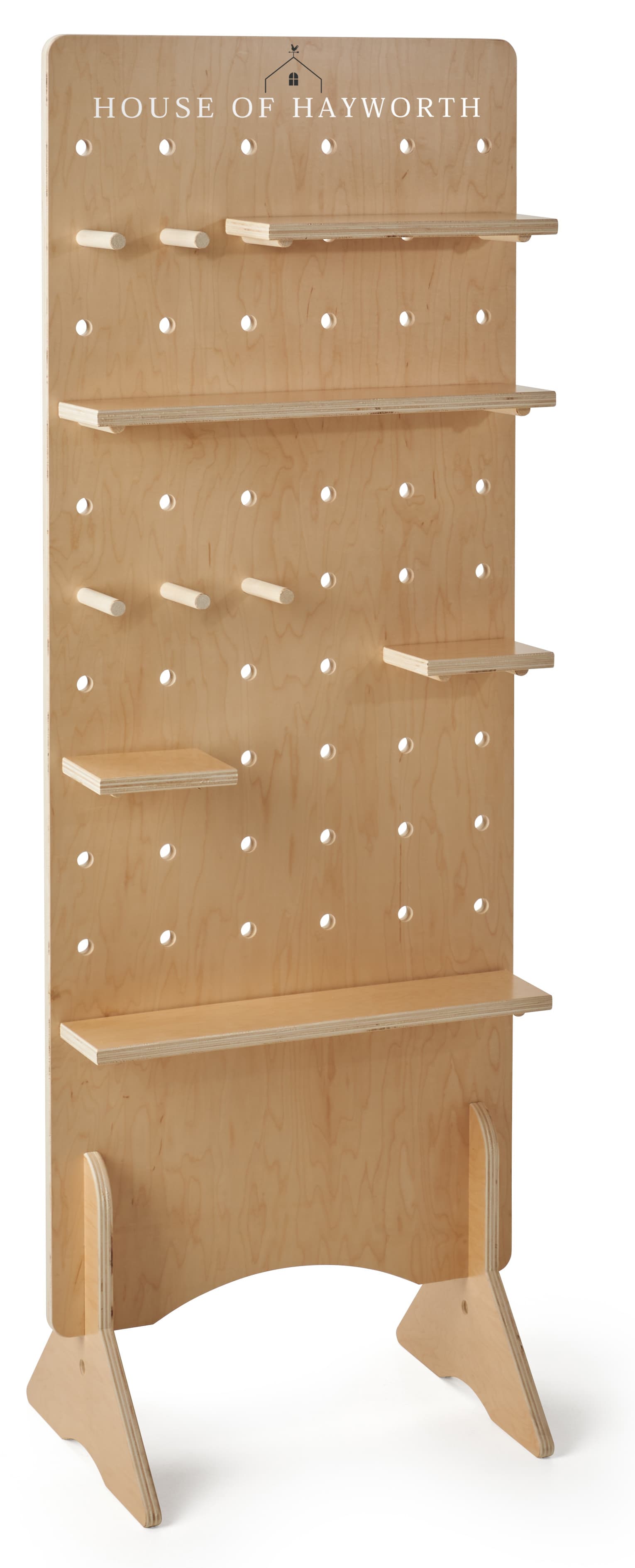 Wooden pegboard floor display with custom printed header 