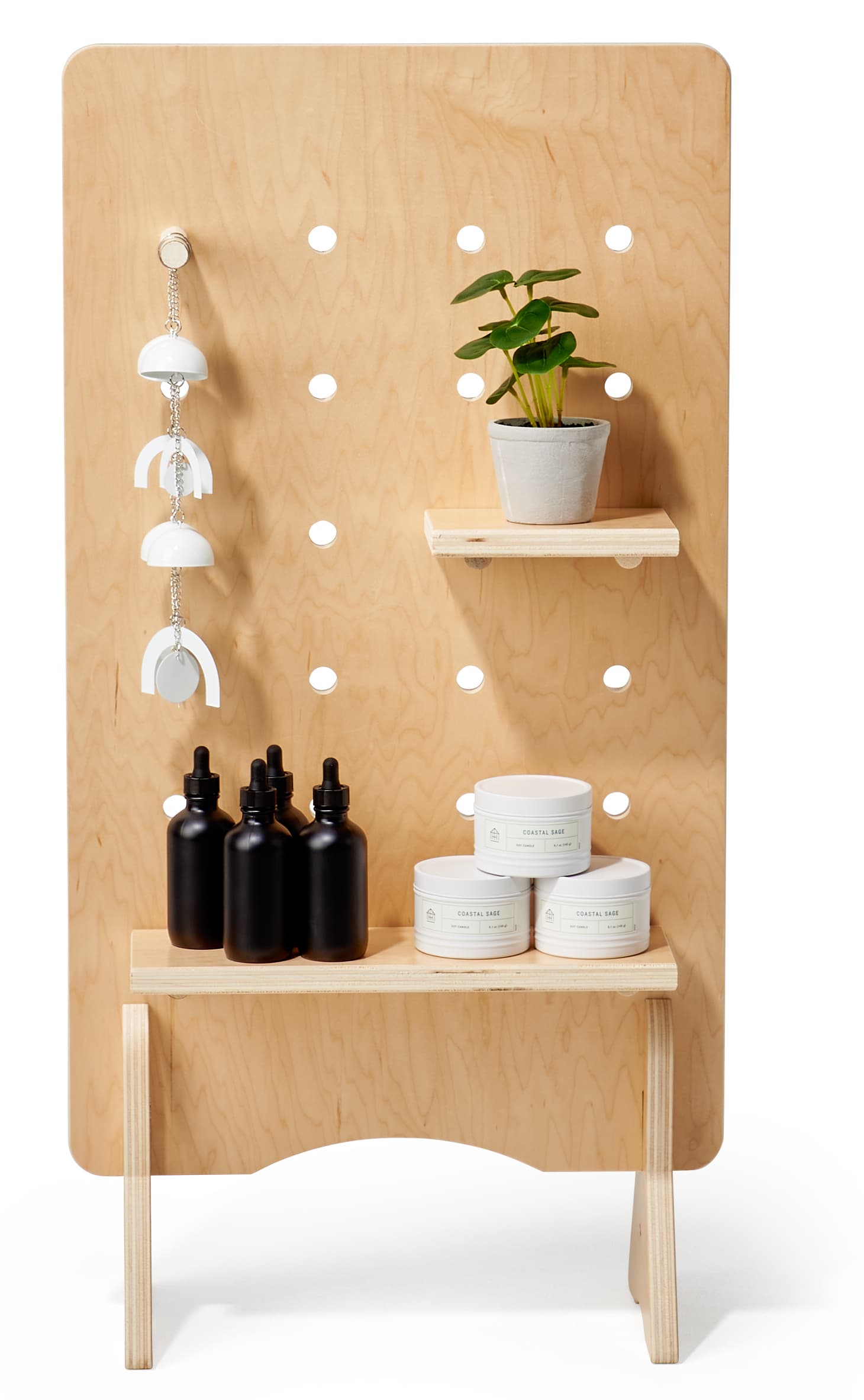 Modern wooden pegboard with shelves and collapsible design 