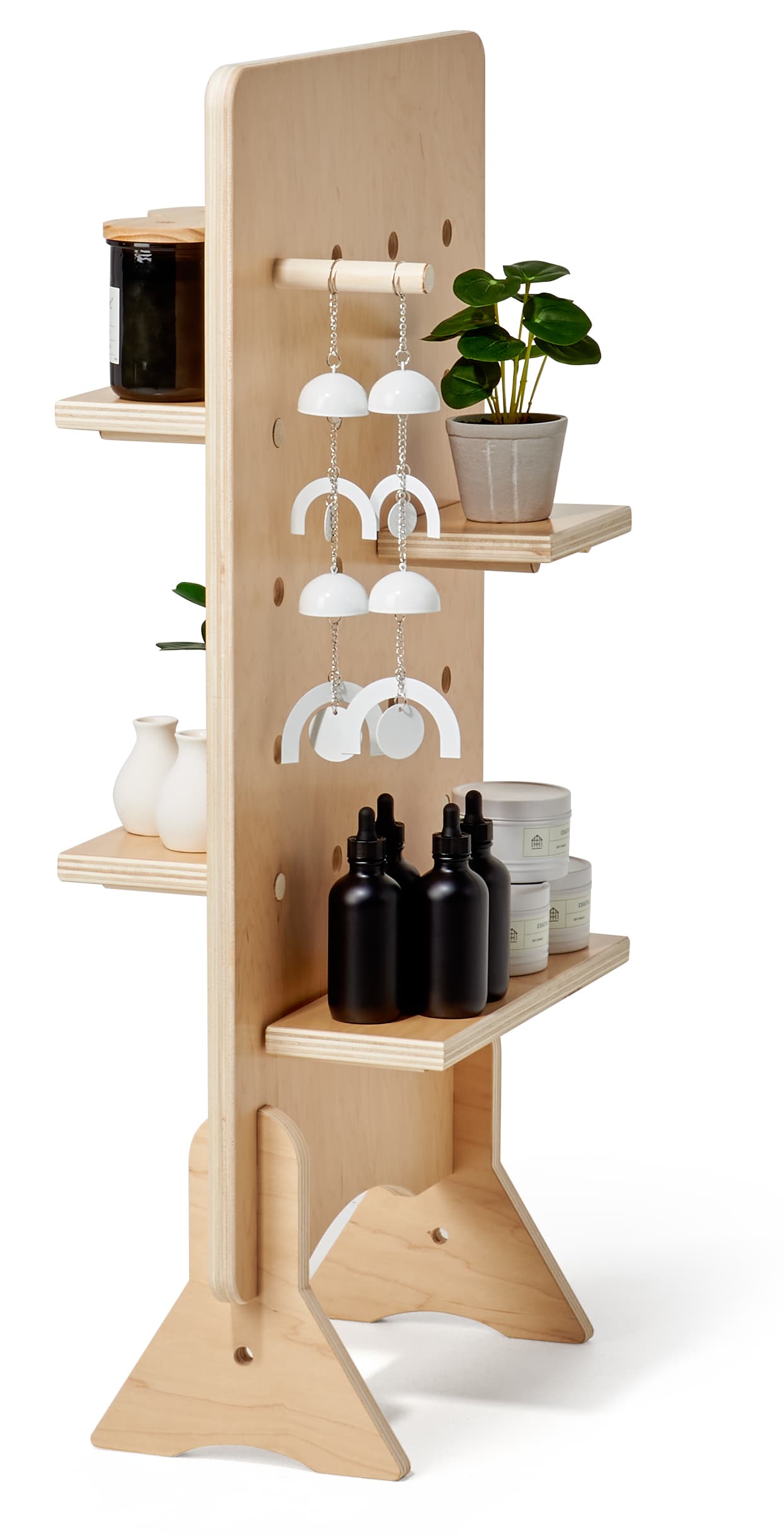 Wooden pegboard with shelves and double-sided display panel 