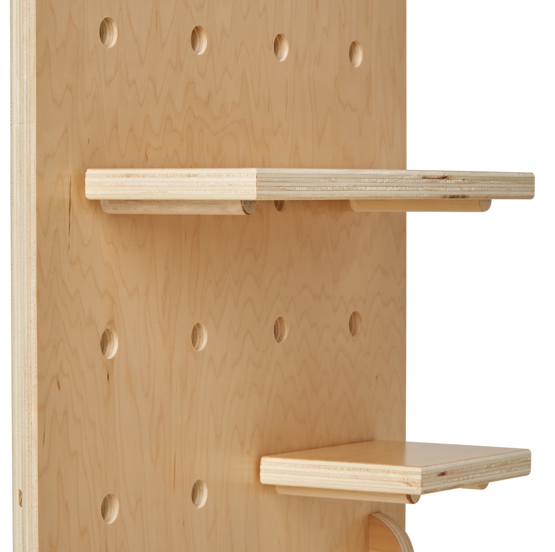 Tabletop wooden pegboard with shelves and flat-pack design 