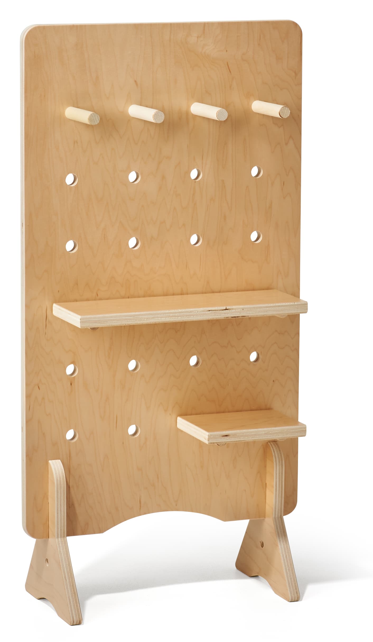 Wooden pegboard with shelves and countertop placement style 