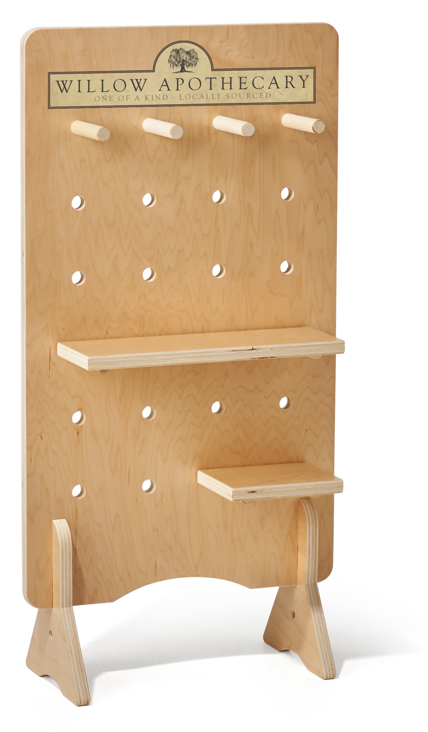 Pegboard retail display with interchangeable pegs and shelves 