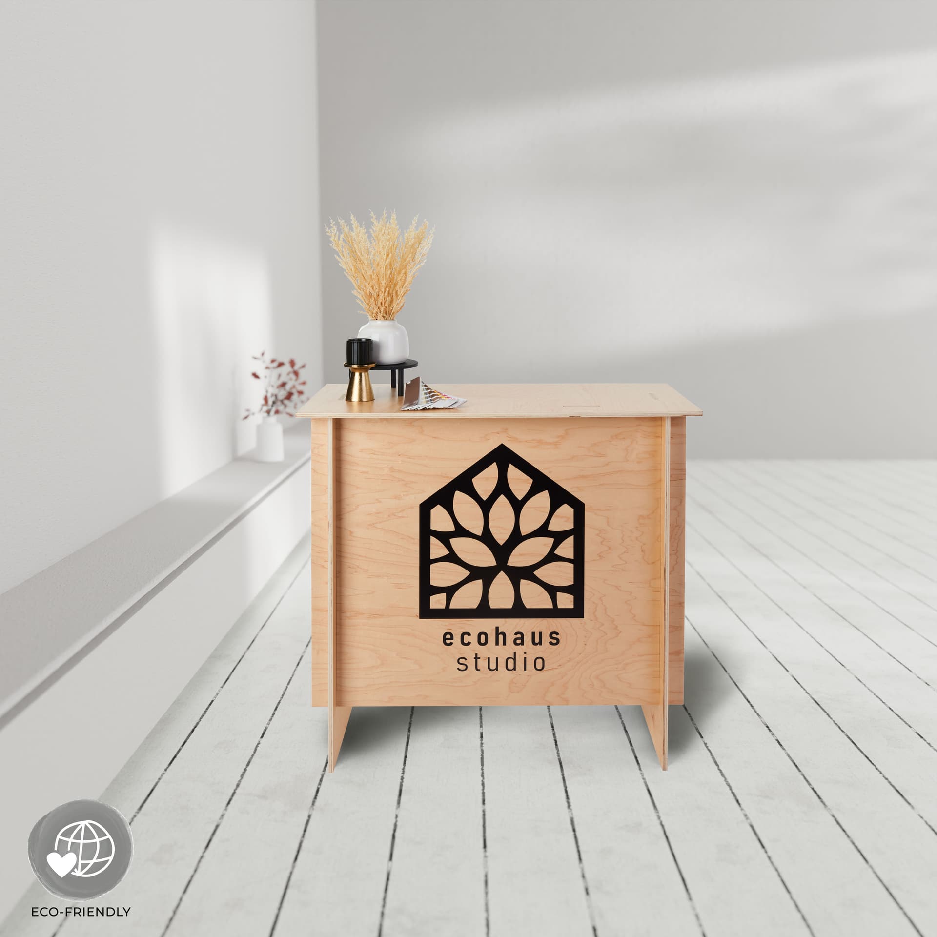 Custom-printed wooden display counter measures 38 inches tall 