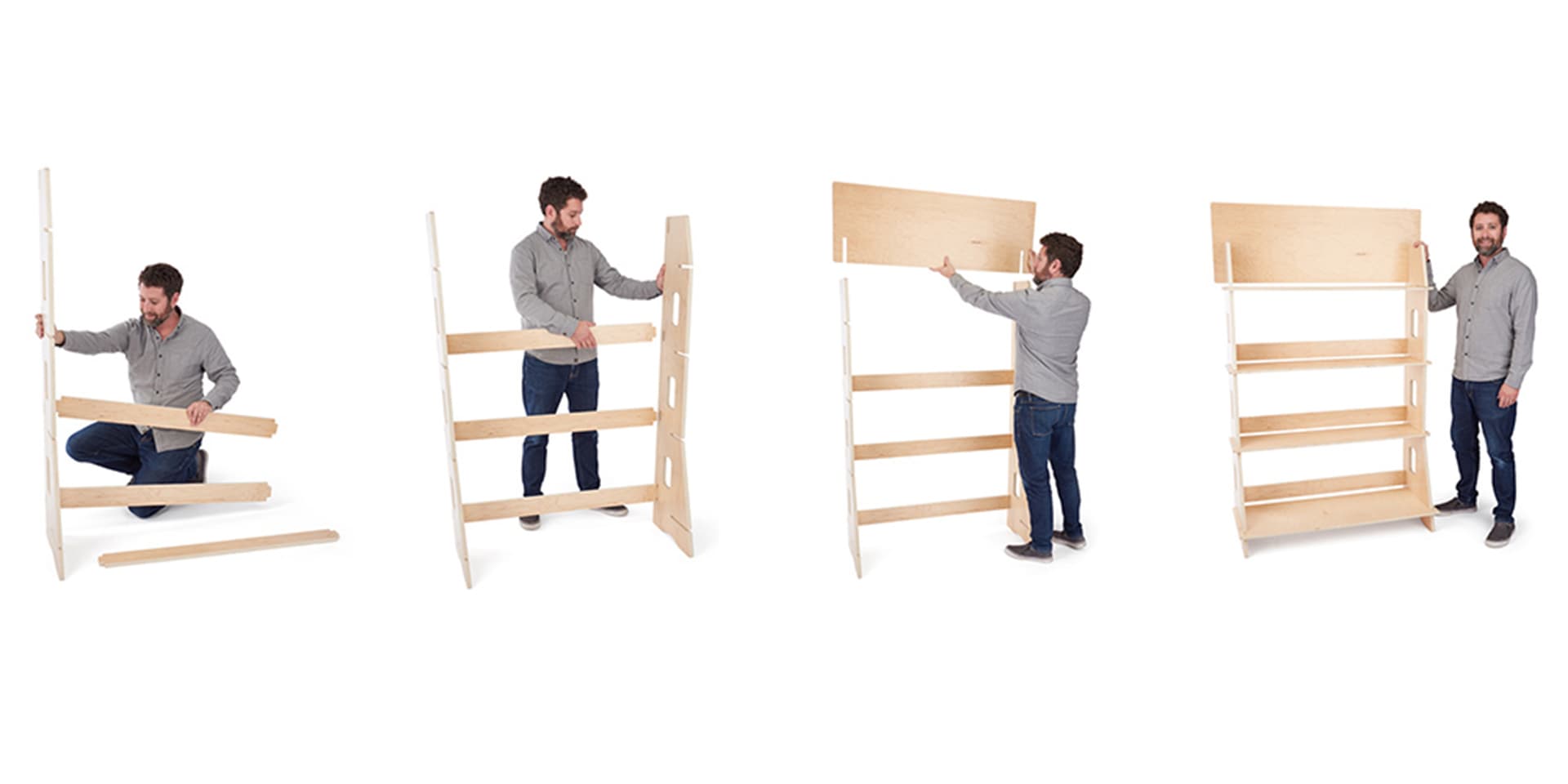 Custom-printed wooden shelf stand with simple no tool assembly 
