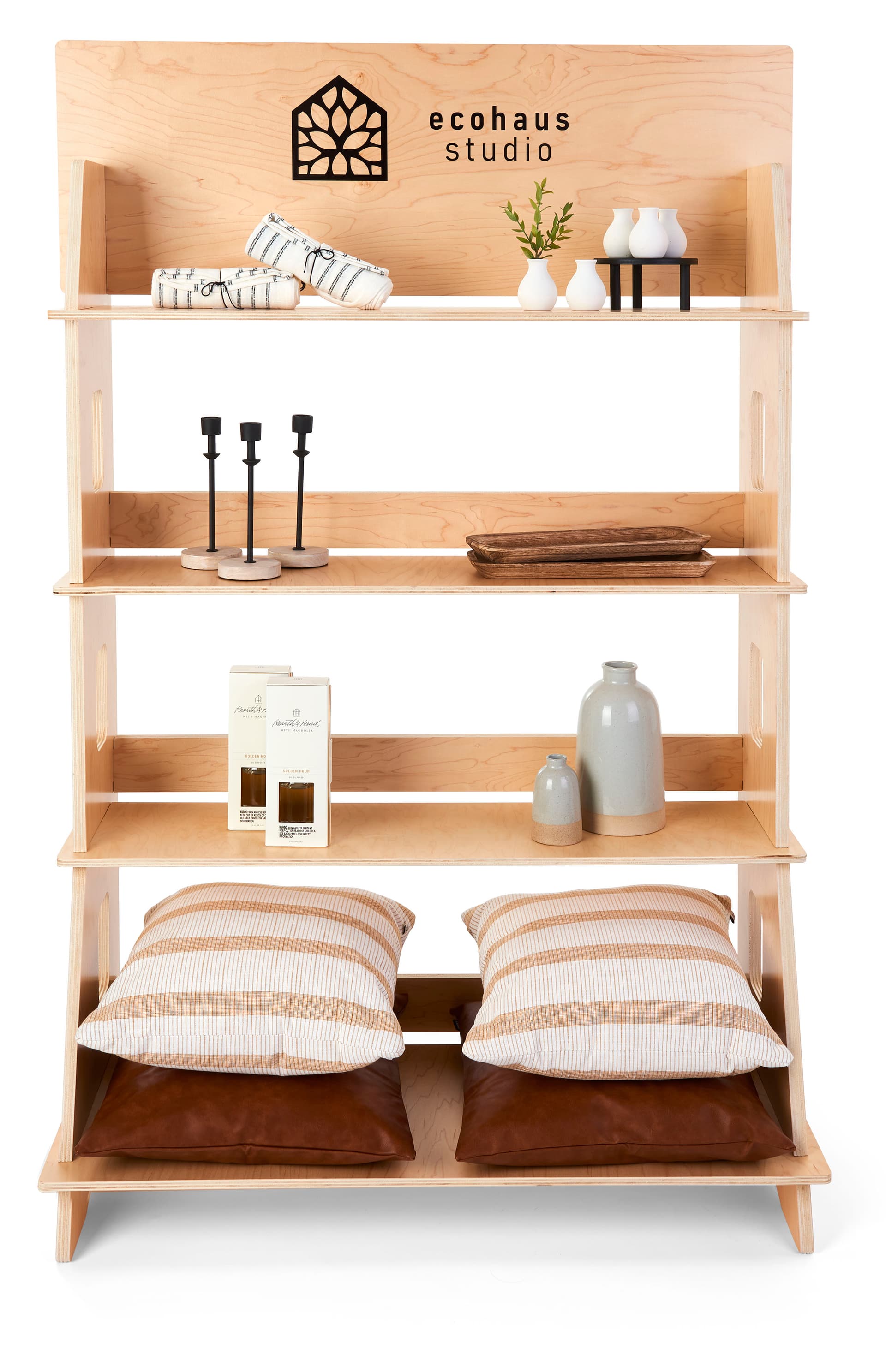 Custom-printed wooden shelf stand with multi-tier design 
