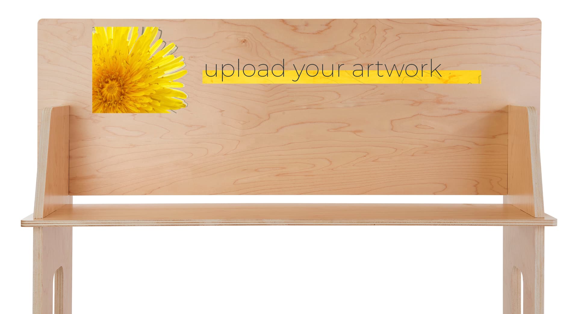 Custom-printed wooden shelf stand with personalized header 