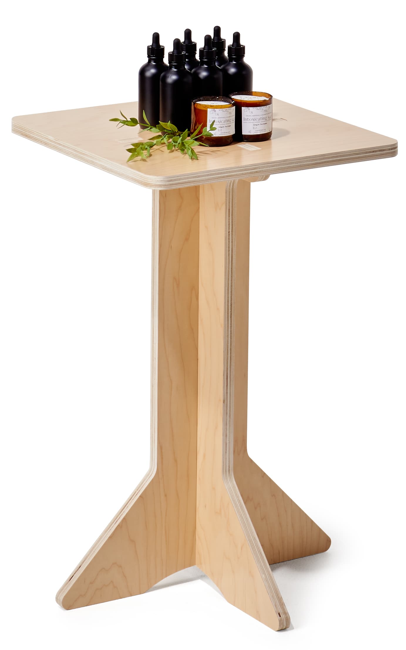Collapsible wooden retail pedestal with minimal and modern design