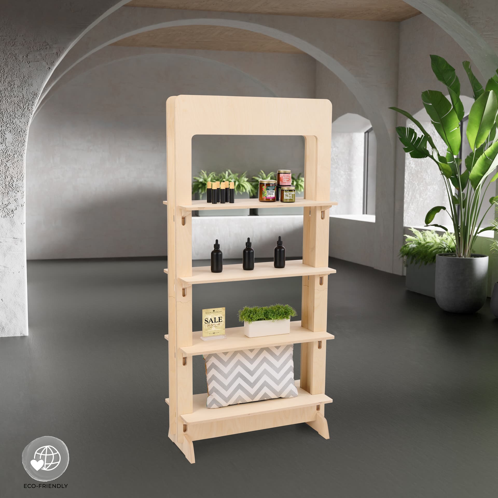 Wood freestanding shelving unit with natural wood color style