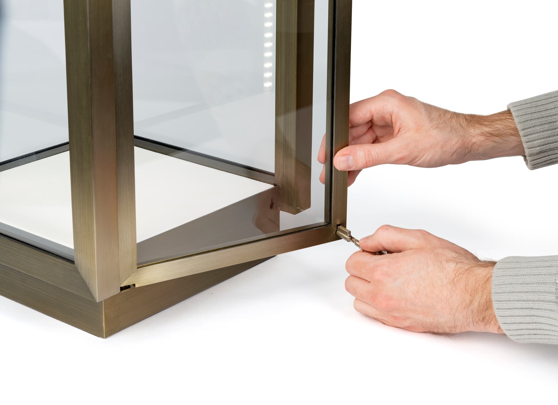 Square glass curio box with secure locking door