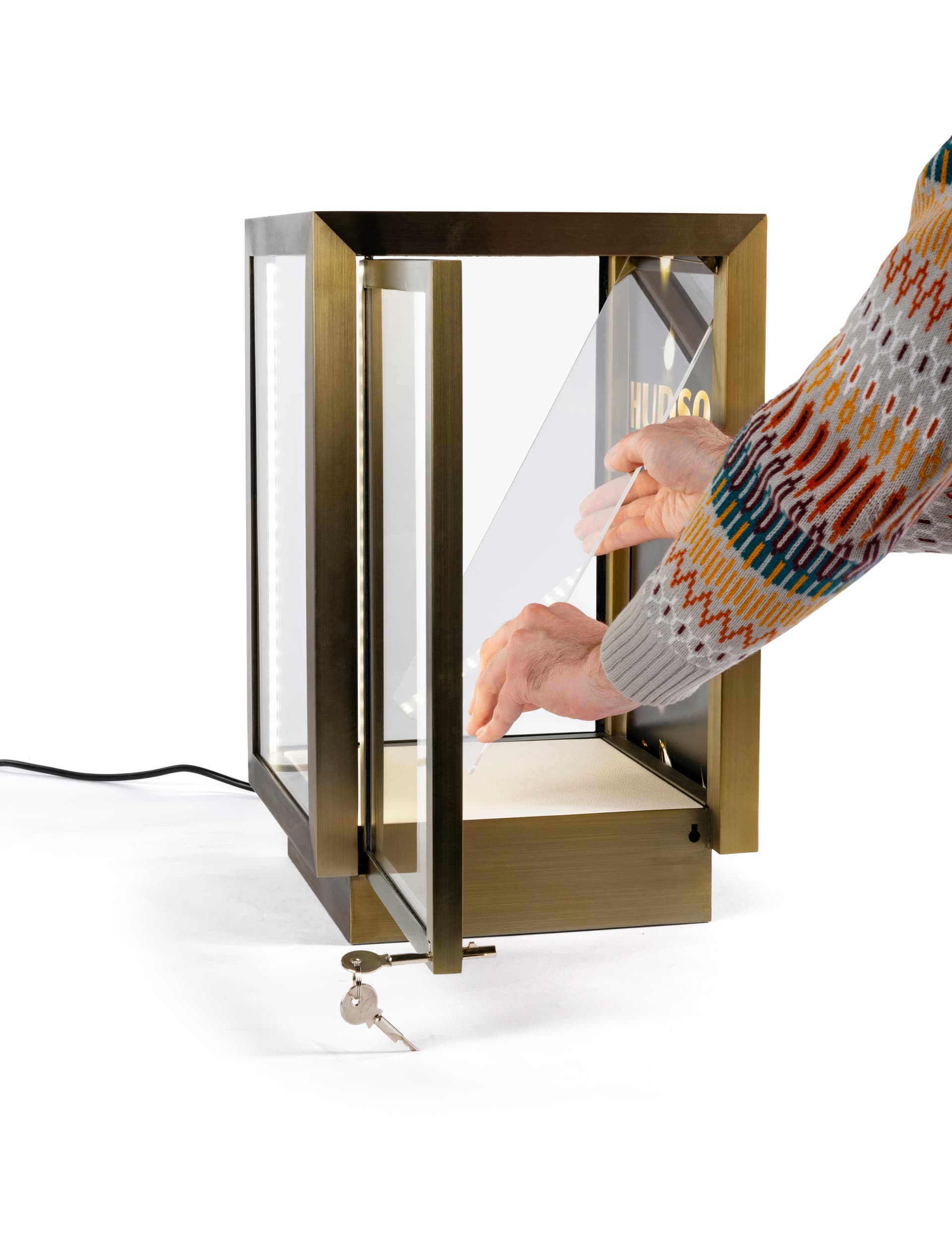 Square glass curio box with custom sign channel