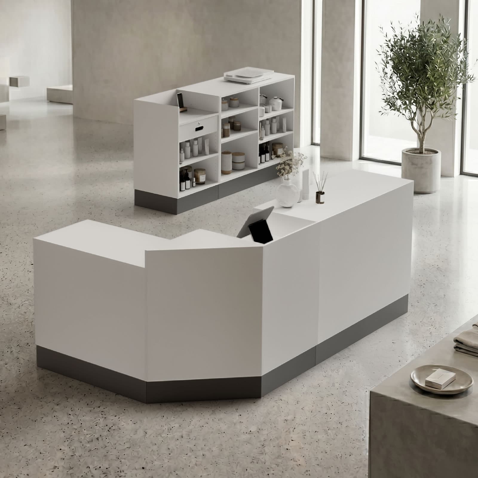 Corner filler sales counter shown in a cash wrap configuration