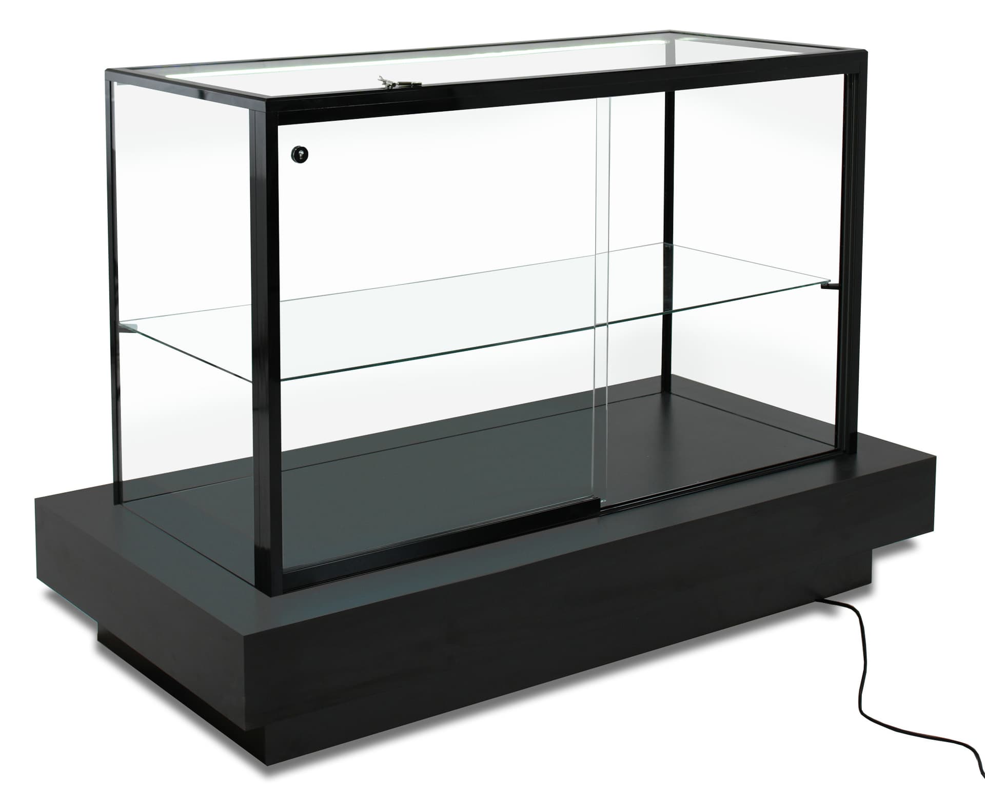 Illuminated display case​ showcasing the back of the unit where the power cable and glass door are located