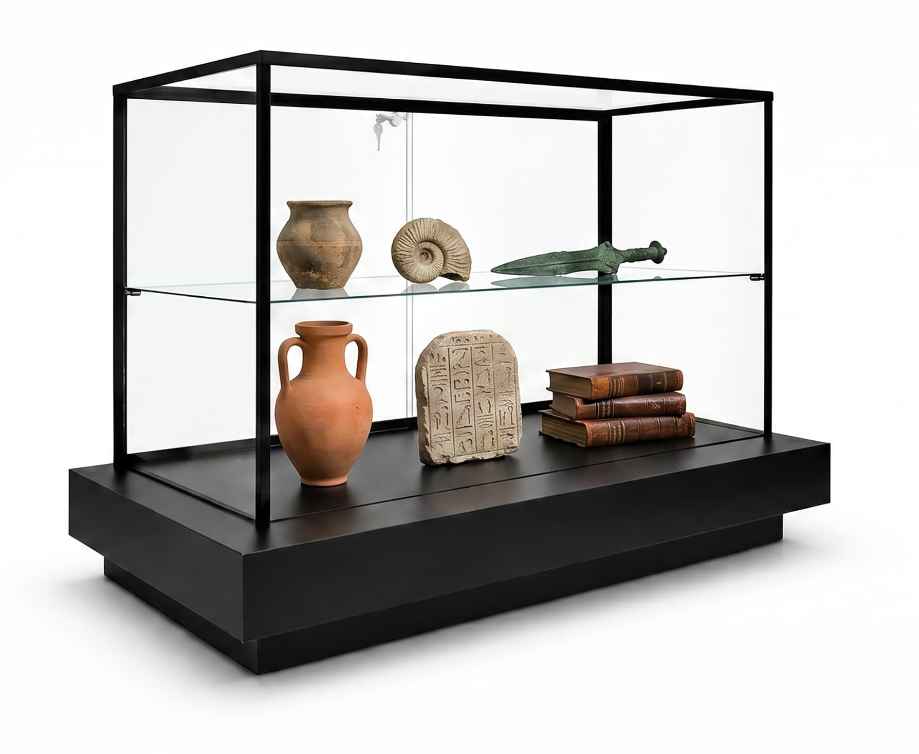 Illuminated display case​ showcasing museum items inside