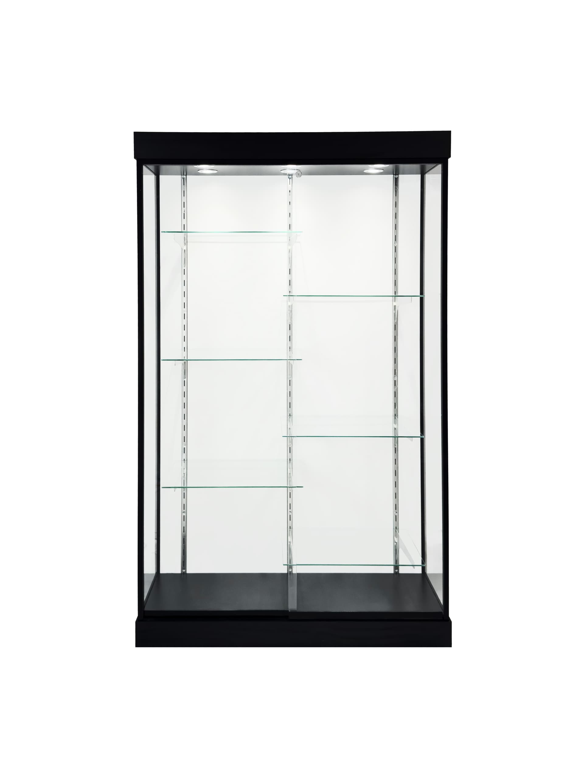 LED glass display cabinet with white interior backwall